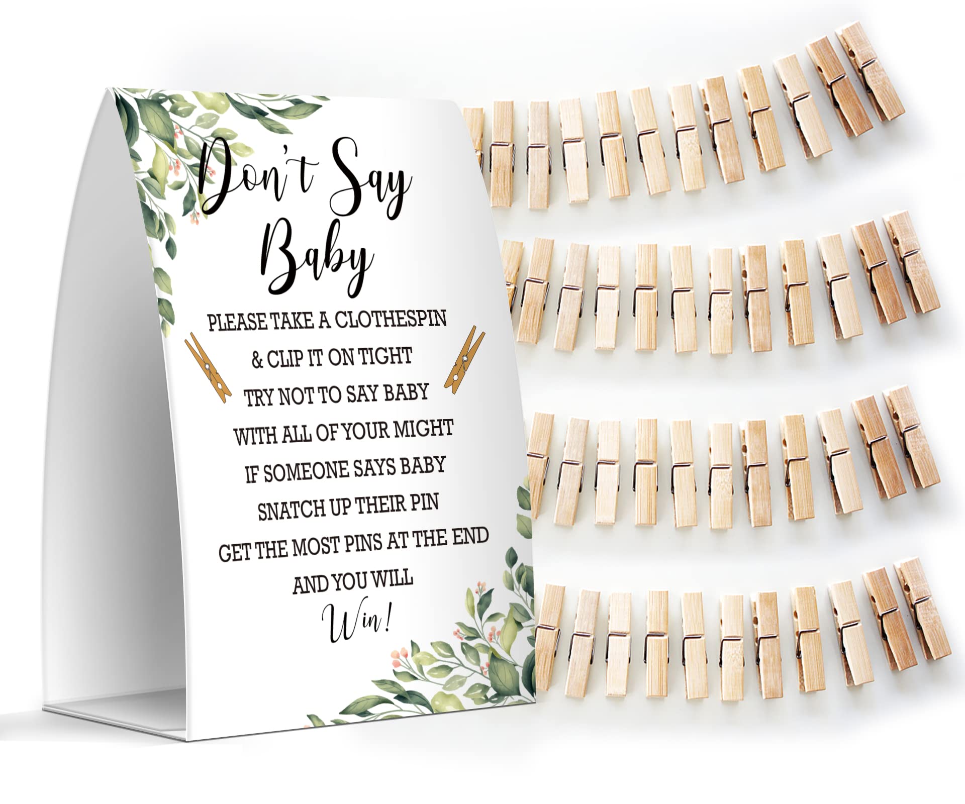 Don't Say Baby Set - One 5x7 Sign and 50 Mini Clothespins, Baby Shower Games, Baby Shower Decoration, Gender Neutral Baby Shower - MsJb011