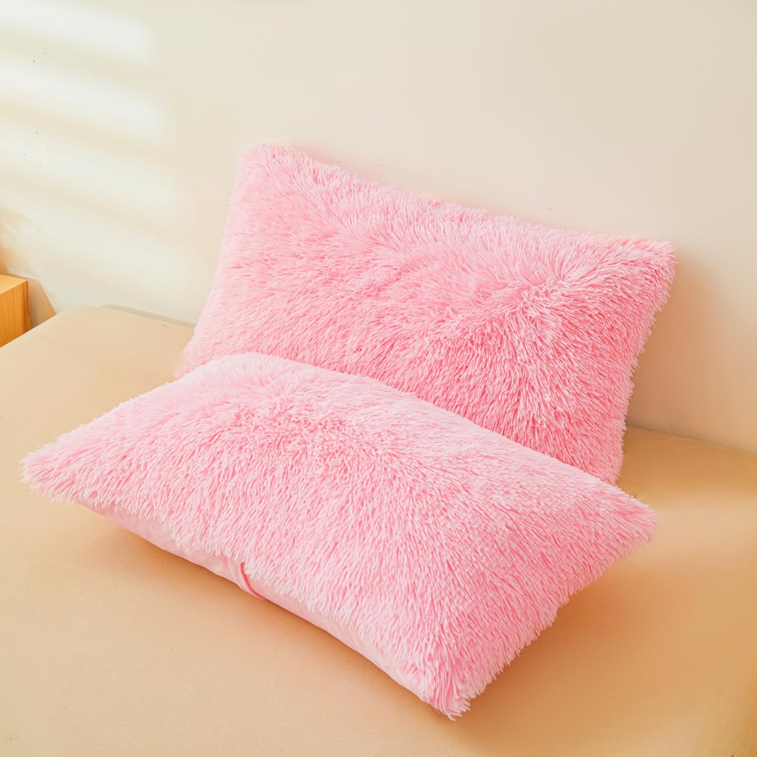 ERLOXO Fluffy Pink Pillow Cover, Ultra Soft Fuzzy Plush Pink Pillow Cases with Furry Texture and Shaggy Touch, Faux Fur Cushion Shams 20"x26" Zippered, Set of 2