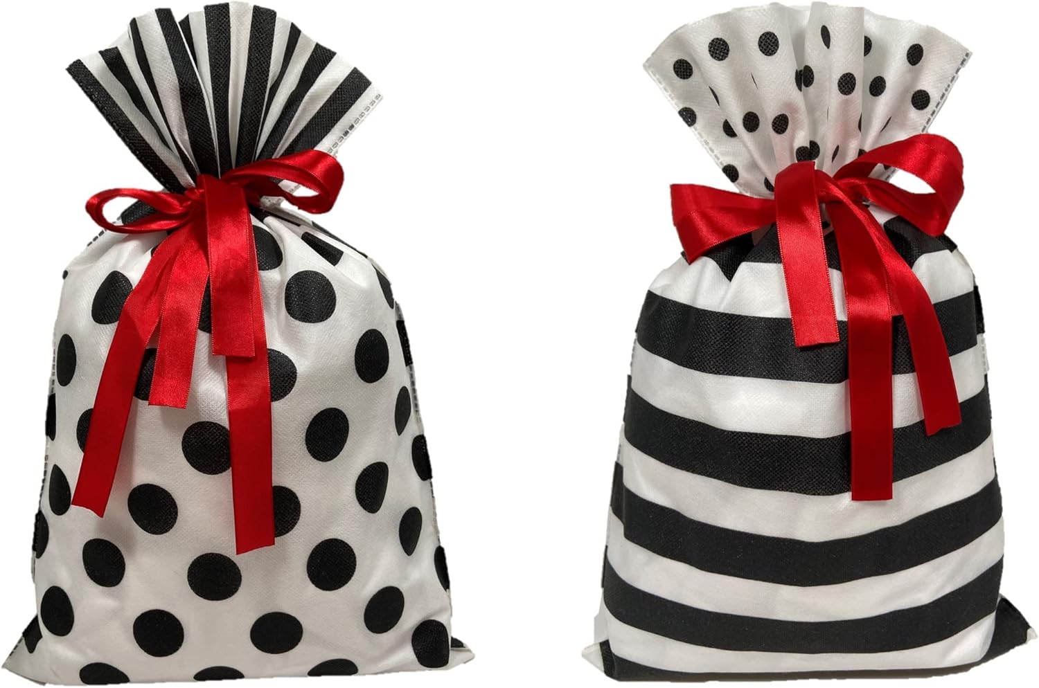 Drawstring Bags, Two-Sided, Multipurpose, Set of 8 Gift Bags, Two Sizes (4 pcs, 12x12 in + 4 pcs, 8x8 in) + 10 Gift Tags with Strings. Reusable and Durable Gift Wrapping Bags with Ribbon Ties for