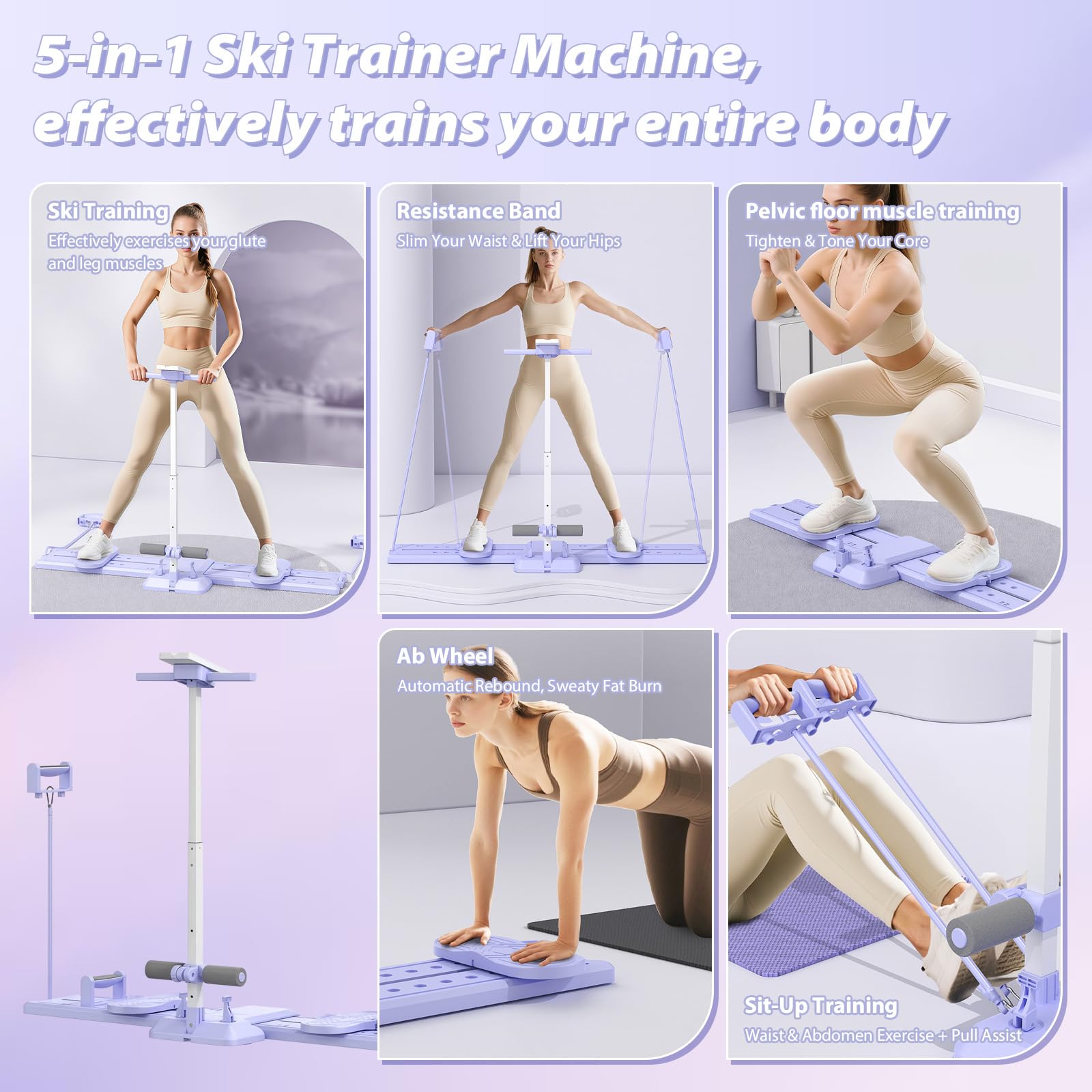 5-in-1 Ski-Maschine, Ski Trainer, Ski Simulator, Klappbarer Beintrainer, Figurformung Cardio Fitnessgerät für Zuhause, Pilates Reformer Board für Körperskulptur, Core, Gesäß und Armtraining