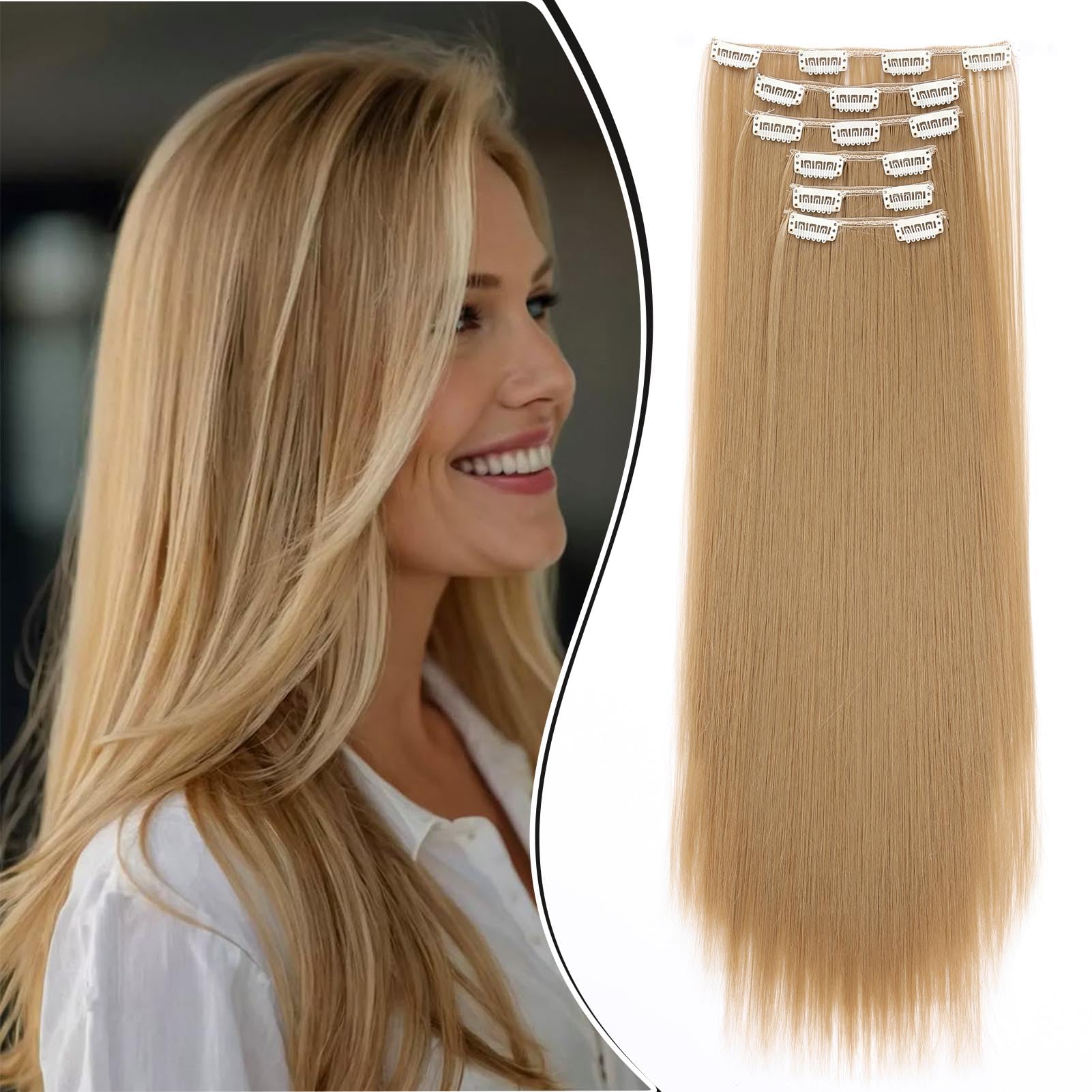 Dcbaboo Extension Capelli Clip Lisci 6 Fasce Clip in Hair Extension Capelli Sintetici Lunghi 58cm Posticci per Capelli Finti Estensioni Diritti Naturale, Biondo Naturale mix Biondo Scuro