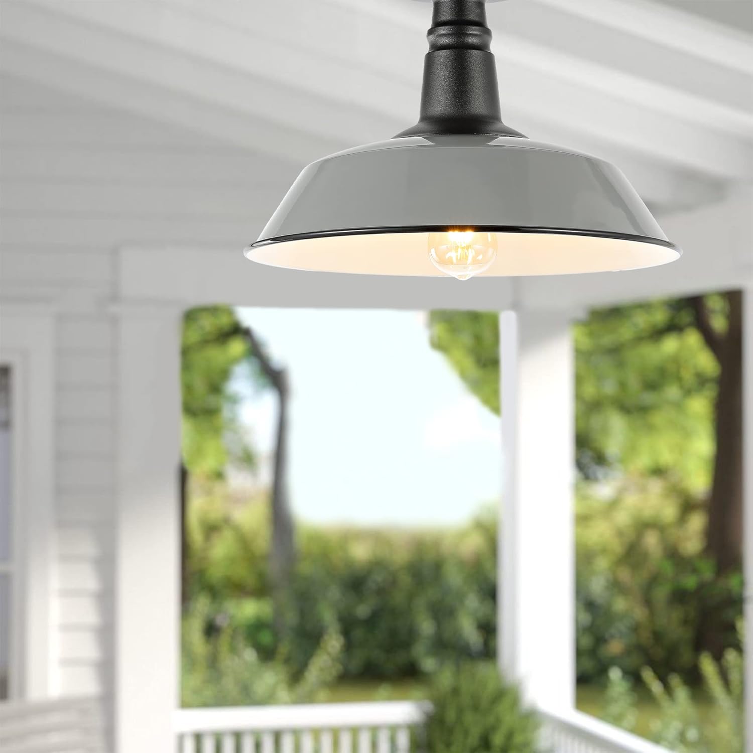 JONATHAN Y 14" Gray/Black 1-Light Industrial LED Semi Flush Mount Ceiling Light for Porch, Kitchen, Entryway, Modern Farmhouse Iron Fixture, White Metal Shade, LED Bulb Included (JYL7617D)
