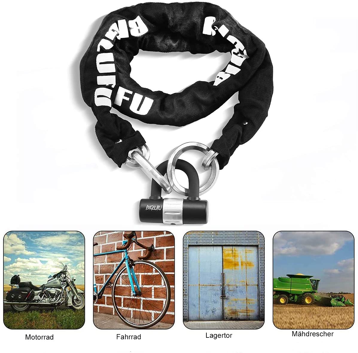 Abus Level 10 zapięcie rowerowe, zamek do motocykla, ciężki zamek rowerowy, długość 120 cm, 14 mm, do roweru, motocykla, skutera, roweru elektrycznego (łańcuch 120 cm z zamkiem U i 4 kluczykami)
