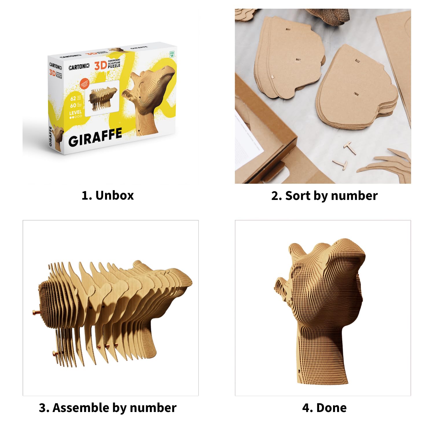 Girafe Puzzle 3D en Carton – Maquette à Monter | 62 Pièces, 22 × 17 × 8 cm – Kit Sculpture DIY à Peindre, Matériaux Recyclés, Ados & Adultes, Idée Cadeau Déco