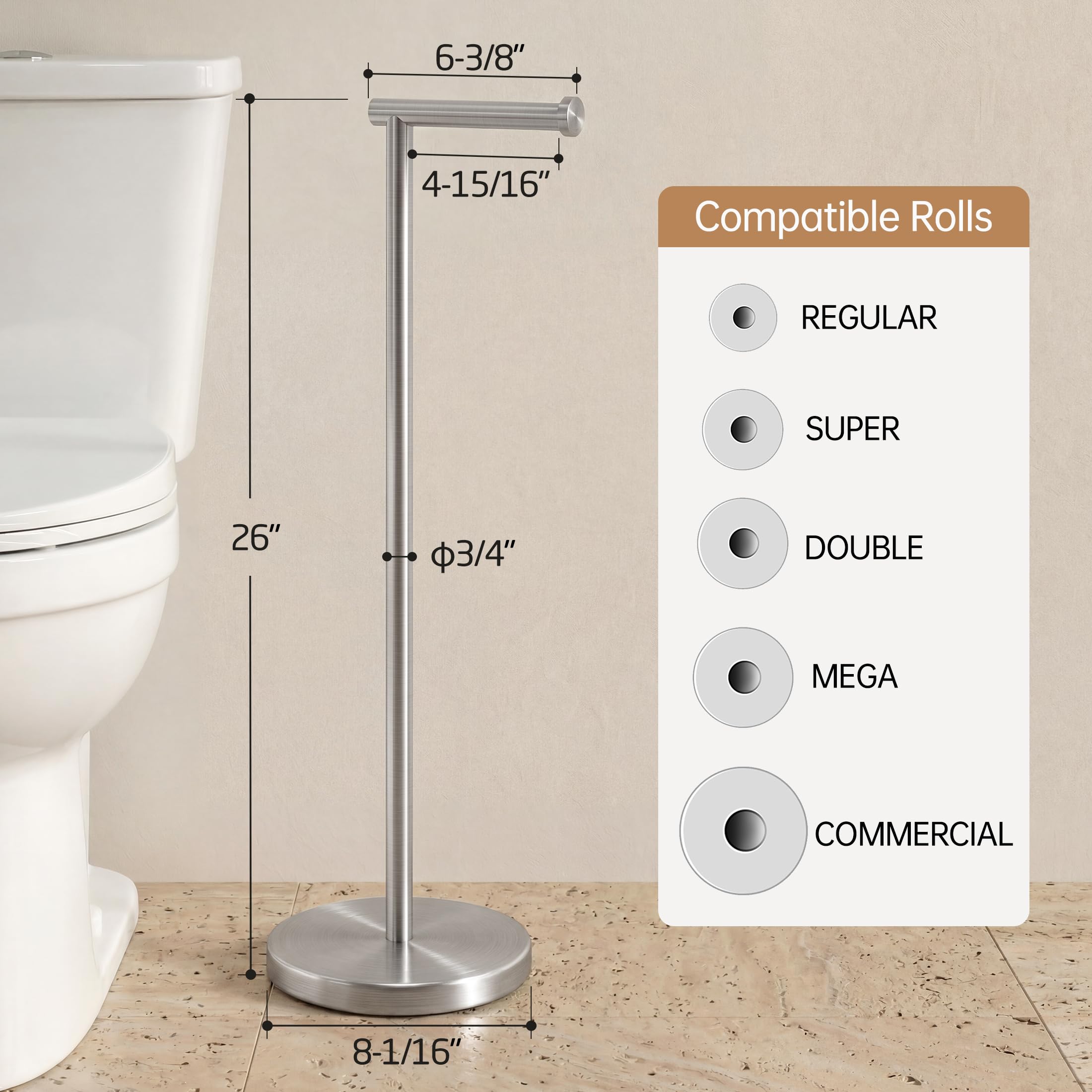 KES Toilettenpapierhalter, 66 cm H (größere Version), freistehender Toilettenpapierrollenhalter mit beschwerter Basis, für Badezimmer, rostfreier SUS304 Edelstahl, gebürstete Oberfläche, BPH283S66-2