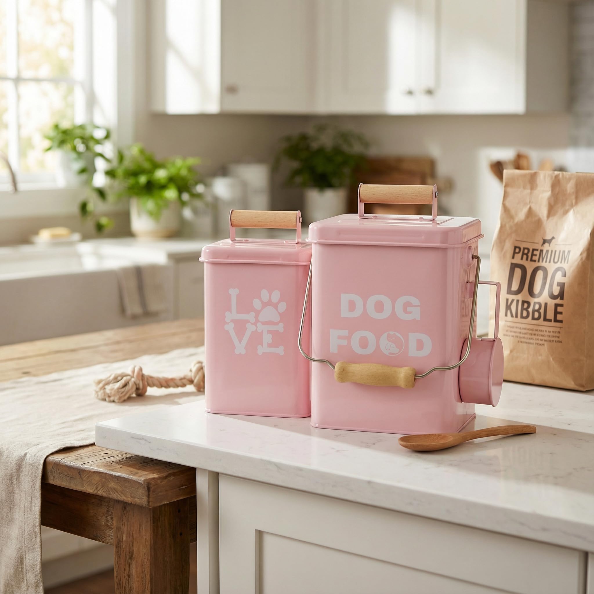 Set Von 2 Metall-Hundefutterbehältern-24,5x14,5cm&21,8x12cm, Rosa Großer Niedliches Leckerli-Glas Mit Deckel, Inklusive Löffel und Hundespielzeug, Futterbehälter Für Haustiere Für Küchenarbeitsplatte