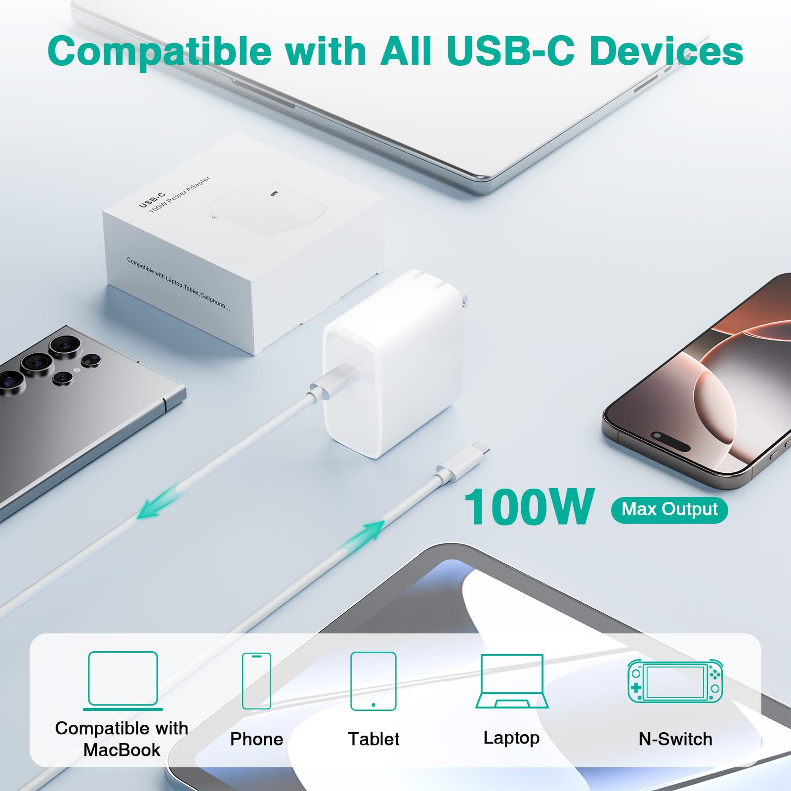 Cargador para Mac Book Pro - Cargador USB C de 100 W, cargador rápido compatible con MacBook Pro/Air, M1 M2 M3 M4, iPad, Samsung Galaxy y todos los dispositivos USB C, cable de 6.6 pies incluido
