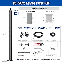 Vista 2 de Muzata Kit de barandilla de cable modular negro de 15 a 20 pies, kit de postes de 42 pulgadas, juego completo de sistema de barandilla de cable