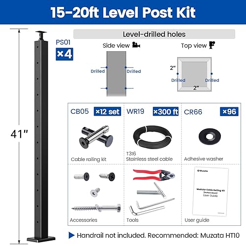 Miniatura 2 de Muzata Kit de barandilla de cable modular negro de 15 a 20 pies, kit de postes de 42 pulgadas, juego completo de sistema de barandilla de cable