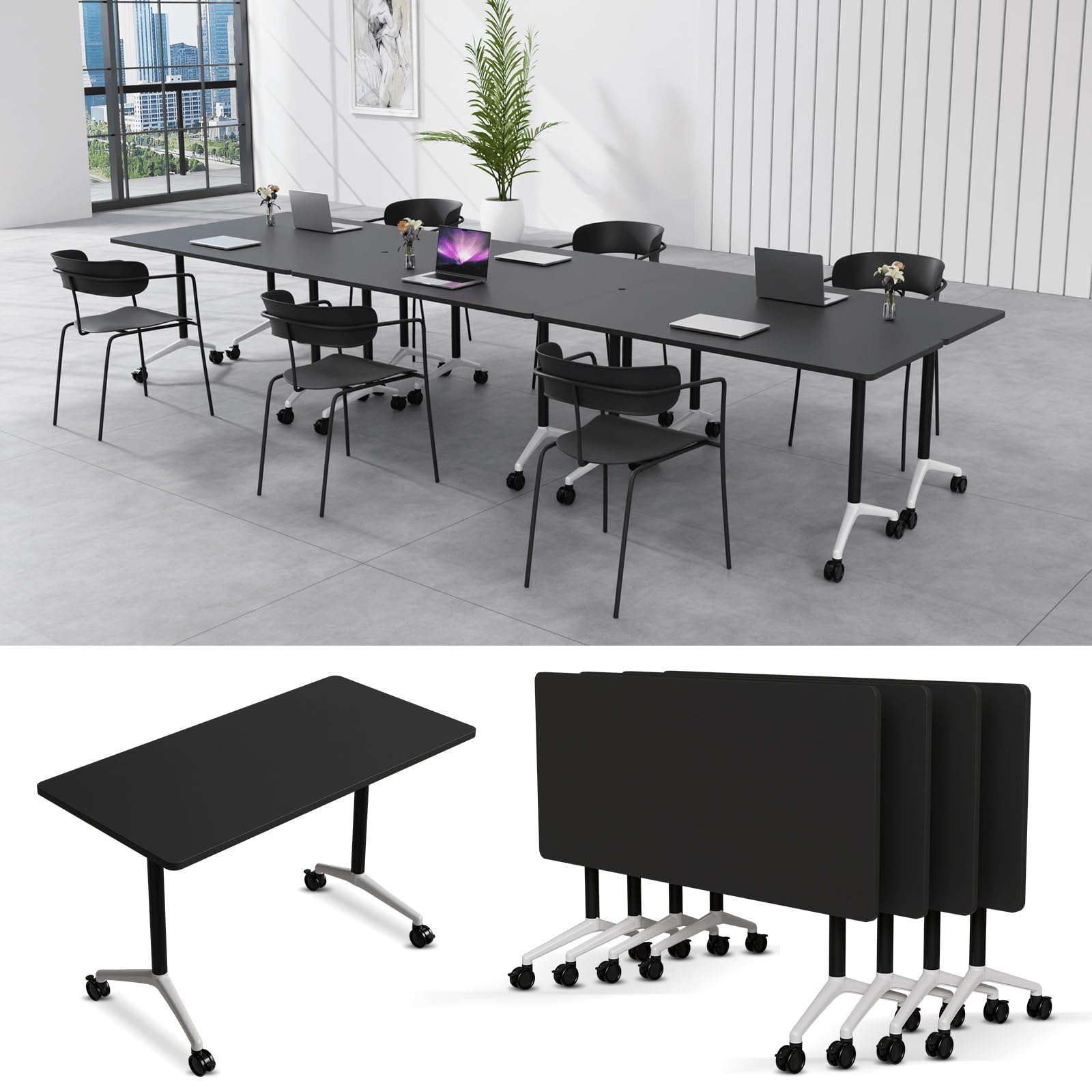 6-8 Person Conference Table Folding Conference Table for Office、Training, Seminar,Schools Modern Wood Conference Meeting Room Table Large Rectangular Conference Room Tables (4, Black-2, 55in)
