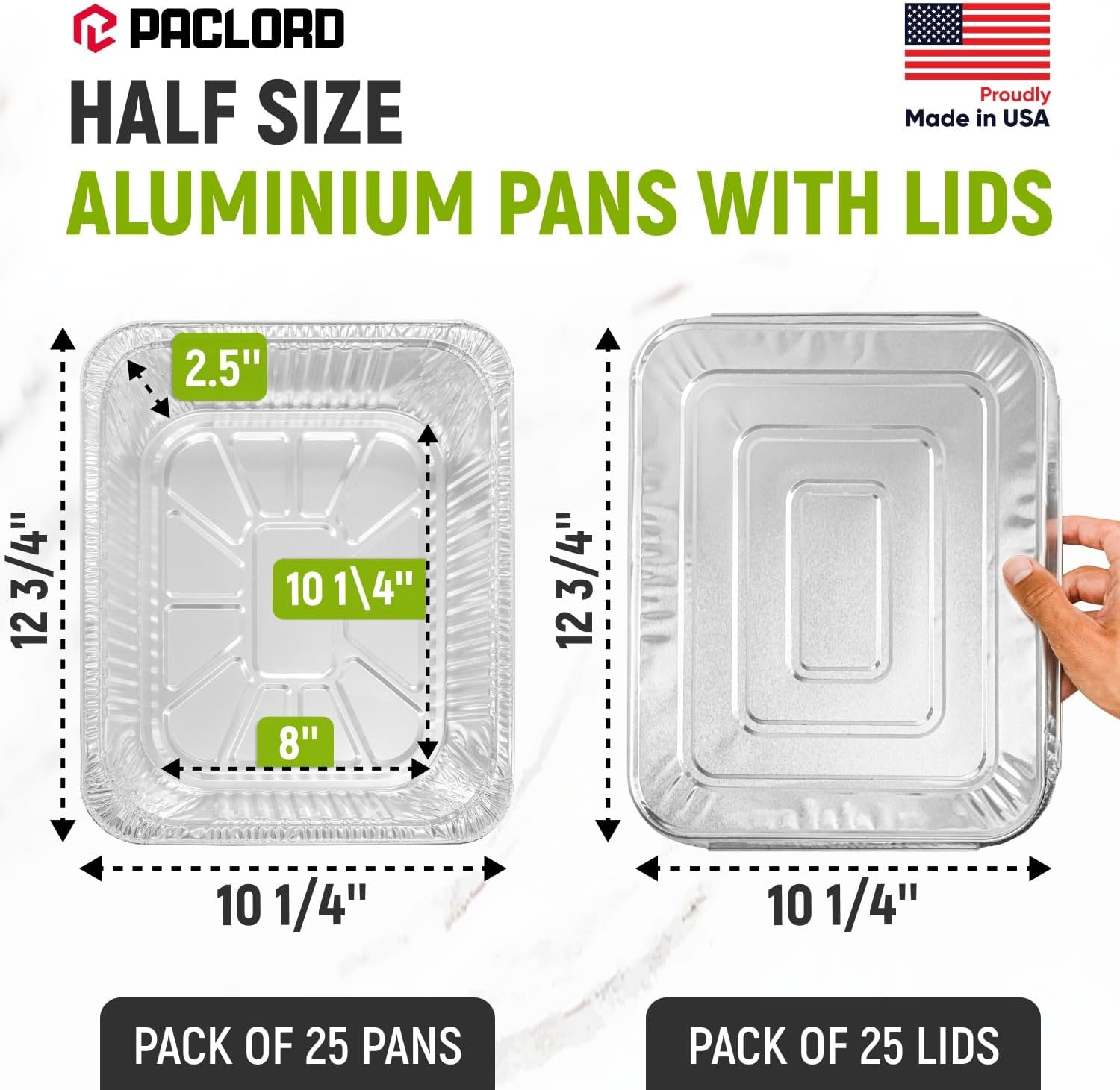 Aluminum Pans With Lids - 9" x 13" Half Size Foil Pans with Lids, Pack of 25 Pans and 25 Lids, USA-Made Disposable Aluminum Trays for Chafing Racks - Great for Cooking, Heating, Food Storing