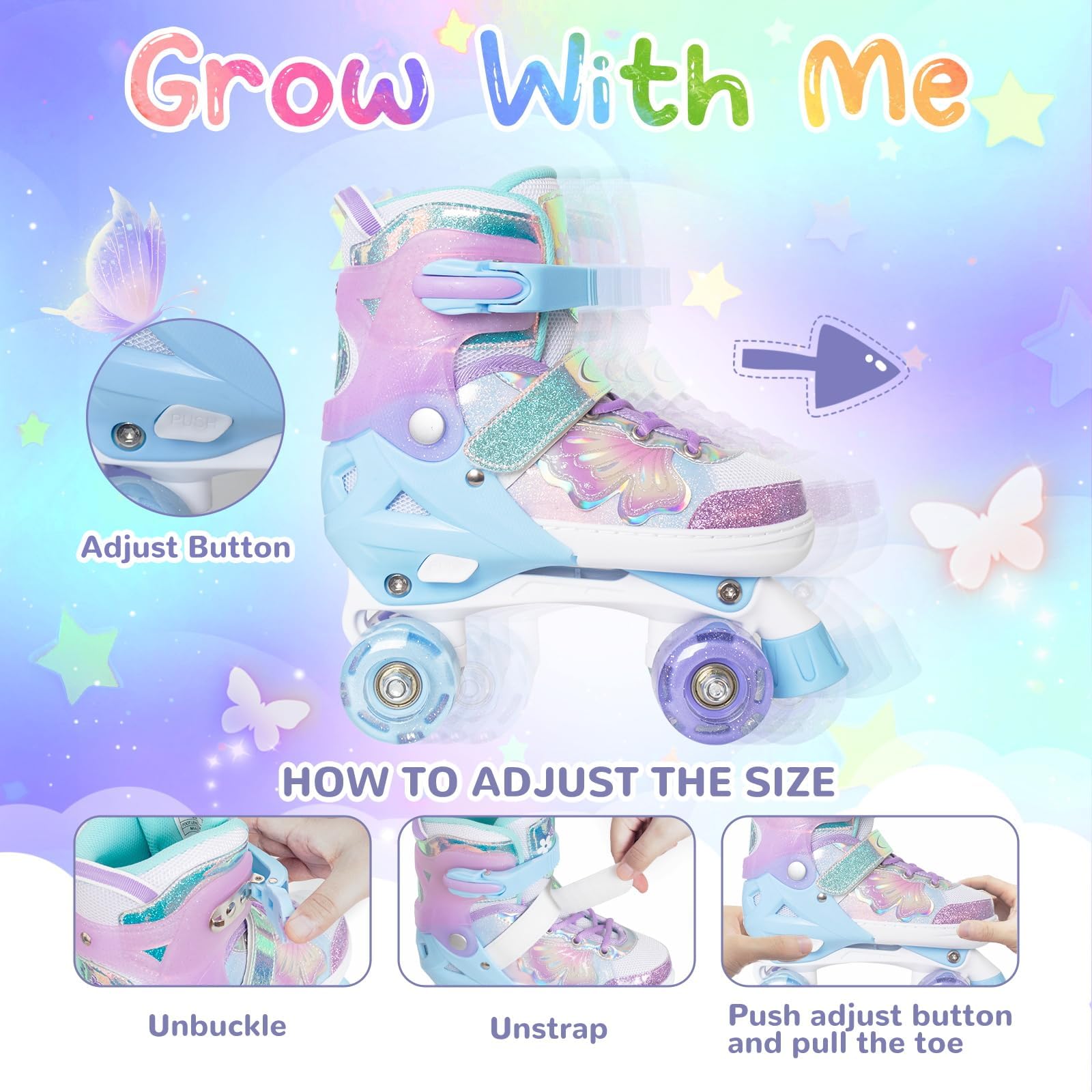 Nattork Patins à roulettes pour enfants - 4 tailles réglables - Avec motif papillon et fleur - Cadeau d'anniversaire pour les sports d'intérieur et d'extérieur