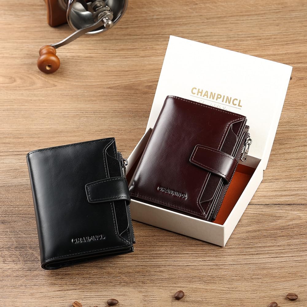 mens buckle, zipper, leather wallet, detachable card, large capacity, multi-functional coin pocket (Oil wax black)