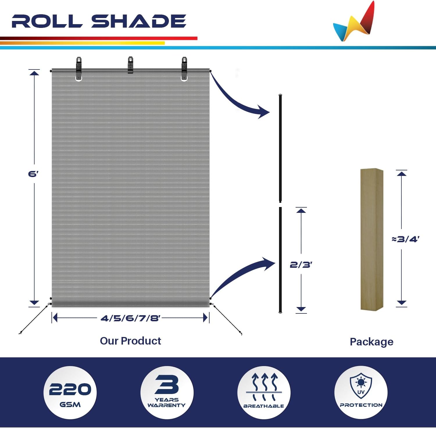 Windscreen4less Outdoor Shade Blinds Patio Roll Up Blackout Shades Exterior Roller Privacy Screen for Pergola Balcony Porch Carport Deck Window, 4' W x 6.5' L Light Gray Hollow Out