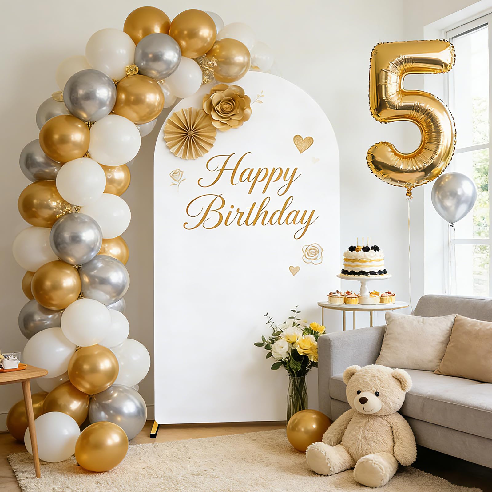 Cubierta de fondo de arco, parte superior redonda, doble cara, cubierta de arco de boda para boda, decoración de fiesta, cumpleaños, baby shower, banquete (Blanco, 1.2 * 2.2m)