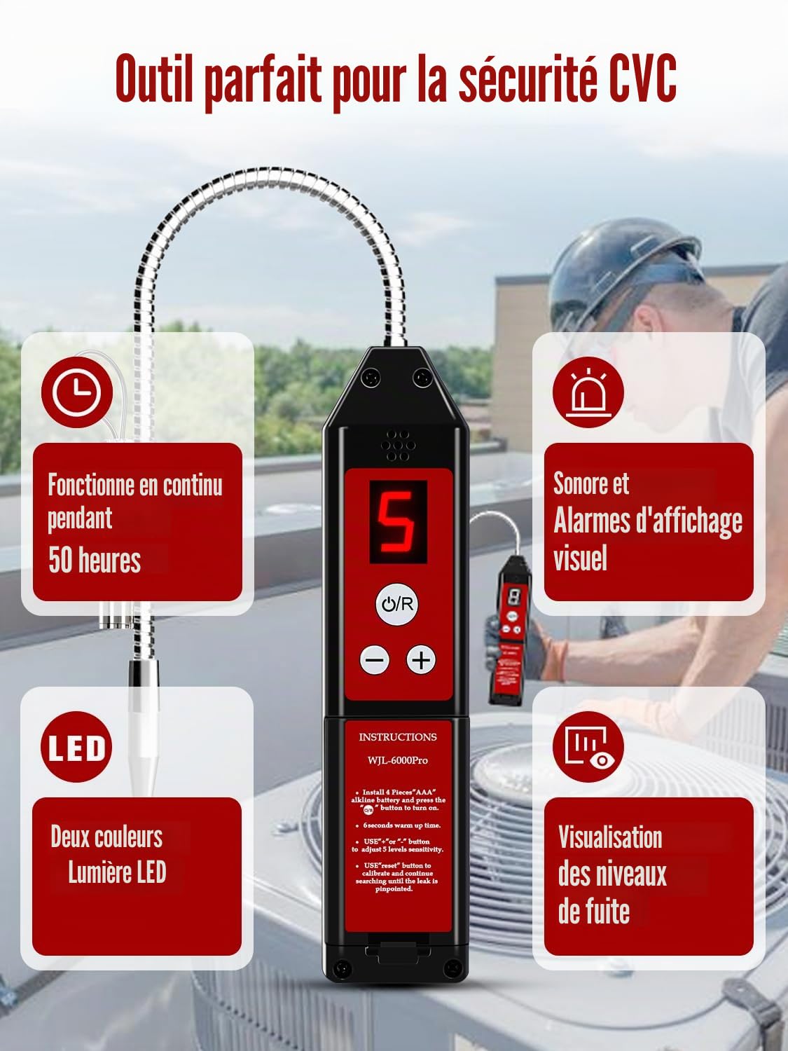 WJL-6000PRO Détecteur De Fuite De Fréon avec LUMIÈRE LED, Détecteur De Fuite De Réfrigérant, Détecteur De Fuite d'Halogène Testeur HVAC Air Condition R22 R410A R134A CFC HCFCs Indicateur Hfcs