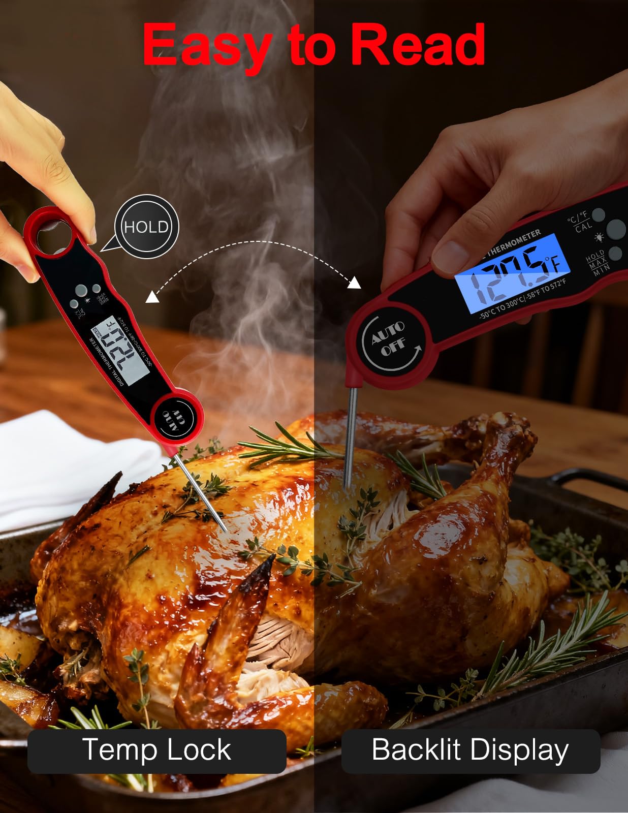 Fleischthermometer Digital, Sofort ablesbares Lebensmittelthermometer zum Kochen Grill BBQ Fritteuse, Wasserdicht & Hintergrundbeleuchtetes Display Digitales Fleischthermometer - Küchenhelfer