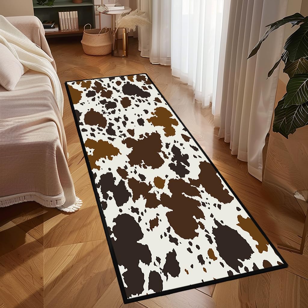 2x6 Cow Print Rug, Brown Black, Machine Made, Low Pile, Soft, Non-Slip, Washable, Indoor, Rectangular Runner for Bedroom, Hallway, Kitchen, Bathroom, Living Room