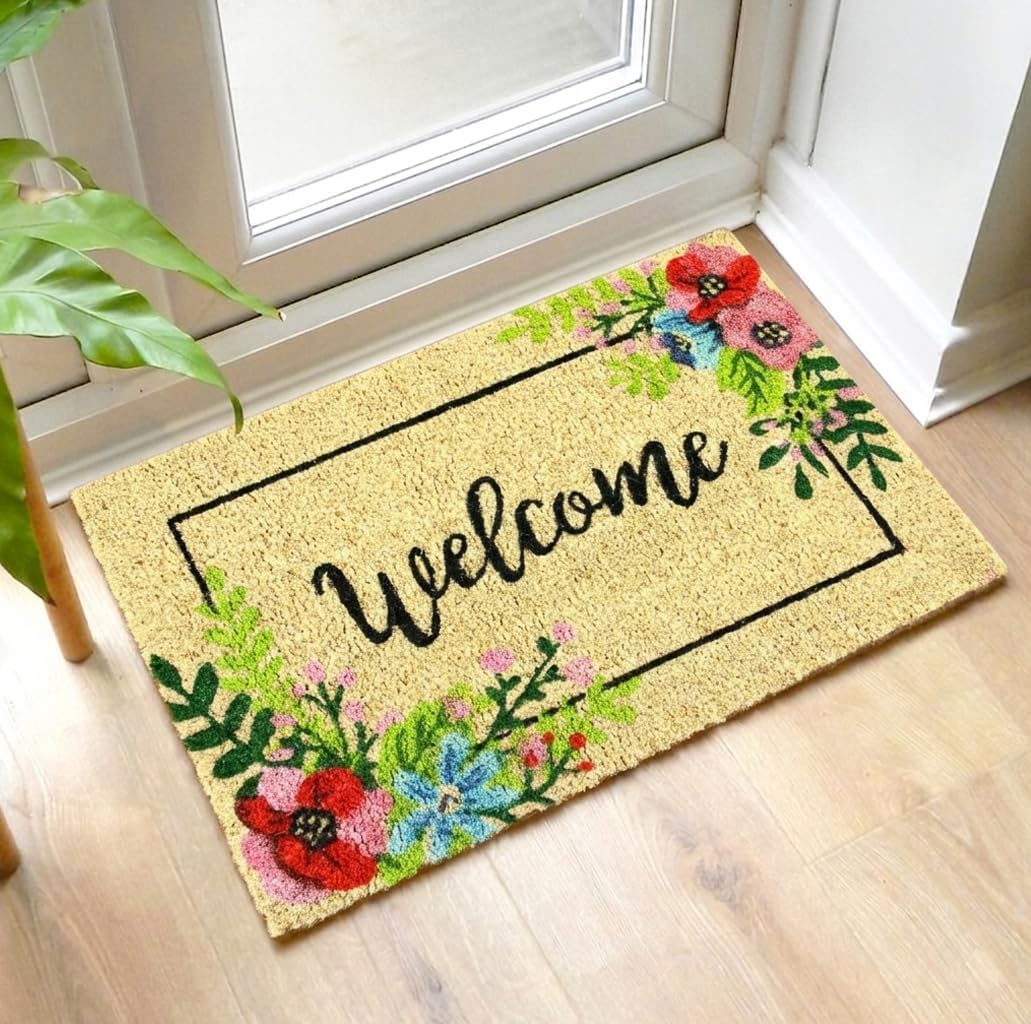 ATMAH Welcome Flower Coir Doormat 40 x 60 cm | Decorative Entrance Mat | Anti Slip PVC Backing | Indoor Outdoor Door Mat