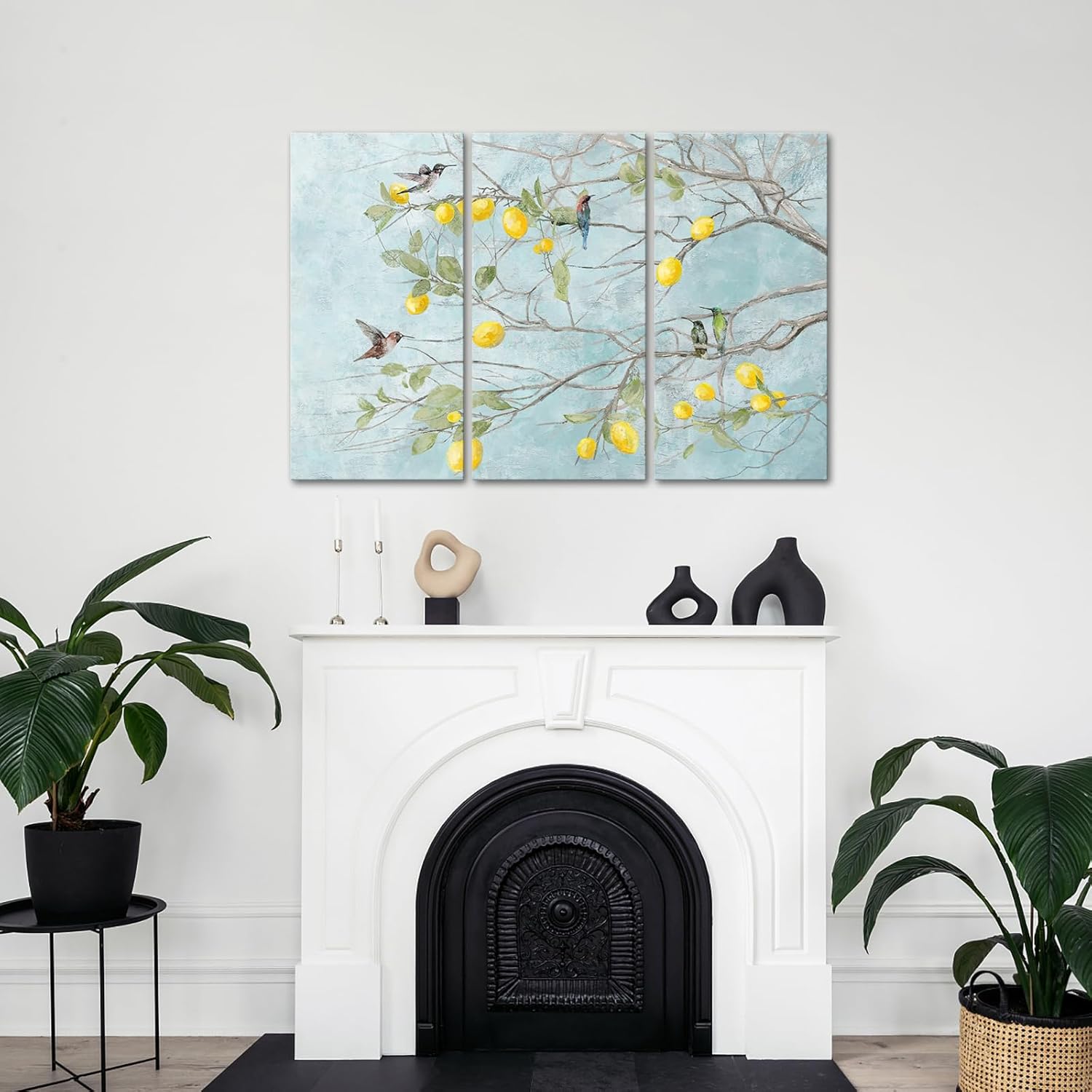 LyerArtork 3 Panels Hummingbird Painting Wall Art Canvas Prints Birds on Lemon Tree Branches Contemporary Rustic Picture Yellow Blue Art for Living Room Kitchen Office 16"x32"x3