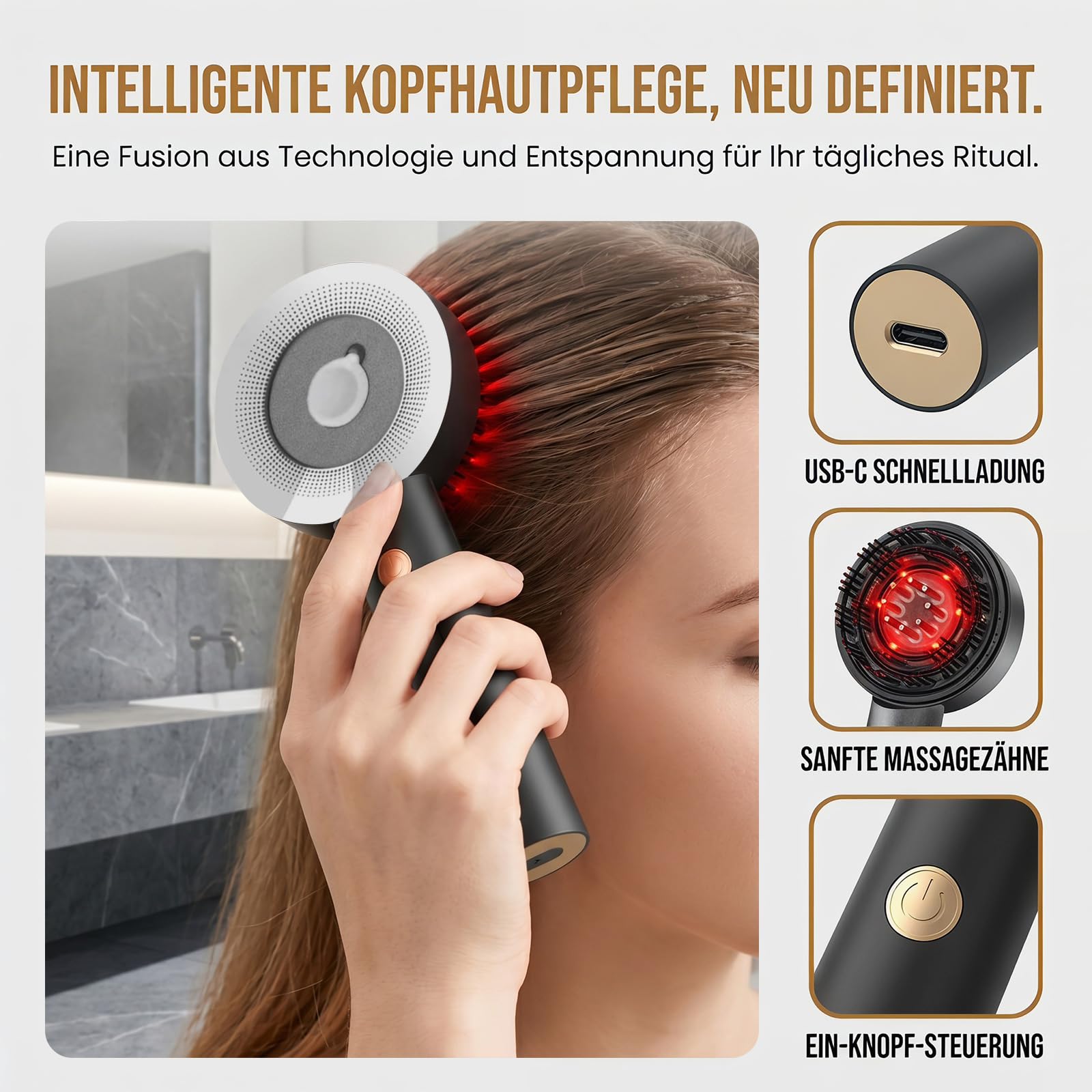 3-in-1 Rotlicht Haarbürste Elektrisch Kopfmassagegerät - Kopfhaut Massagebürste Elektrisch+6ml Haaröl Applikator+Rotlichttherapie, Kopfhautmassage Applikator mit 3 Modi Rotlicht/Blaulicht/Mischlicht