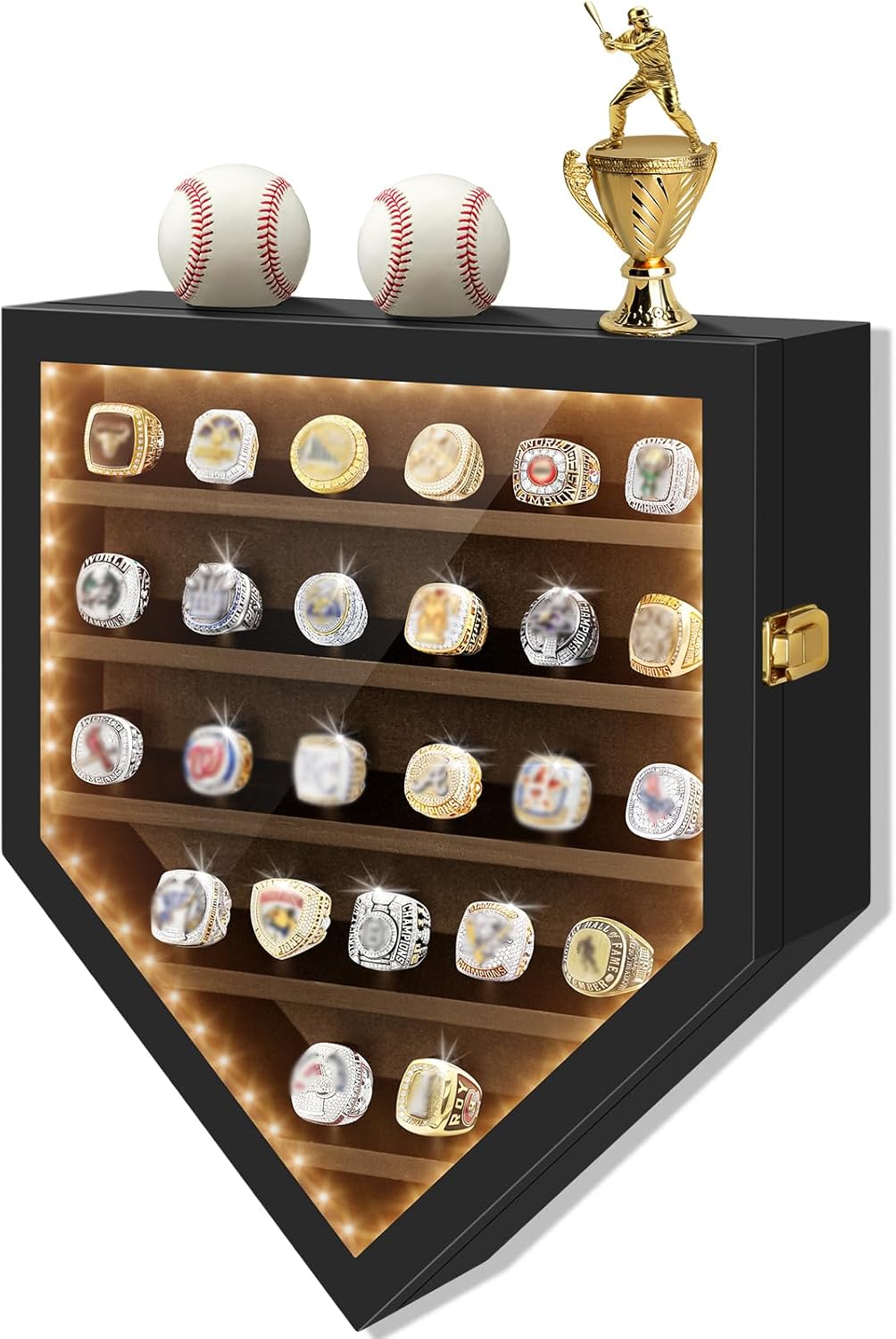 Championship Ring Display Case - 25 Ring Posts Baseball Ring Holder with LED Light, Baseball Ring Display Case, Wall Mount Wooden Shadow Box for Collection Sports Champion Rings, Baseballs