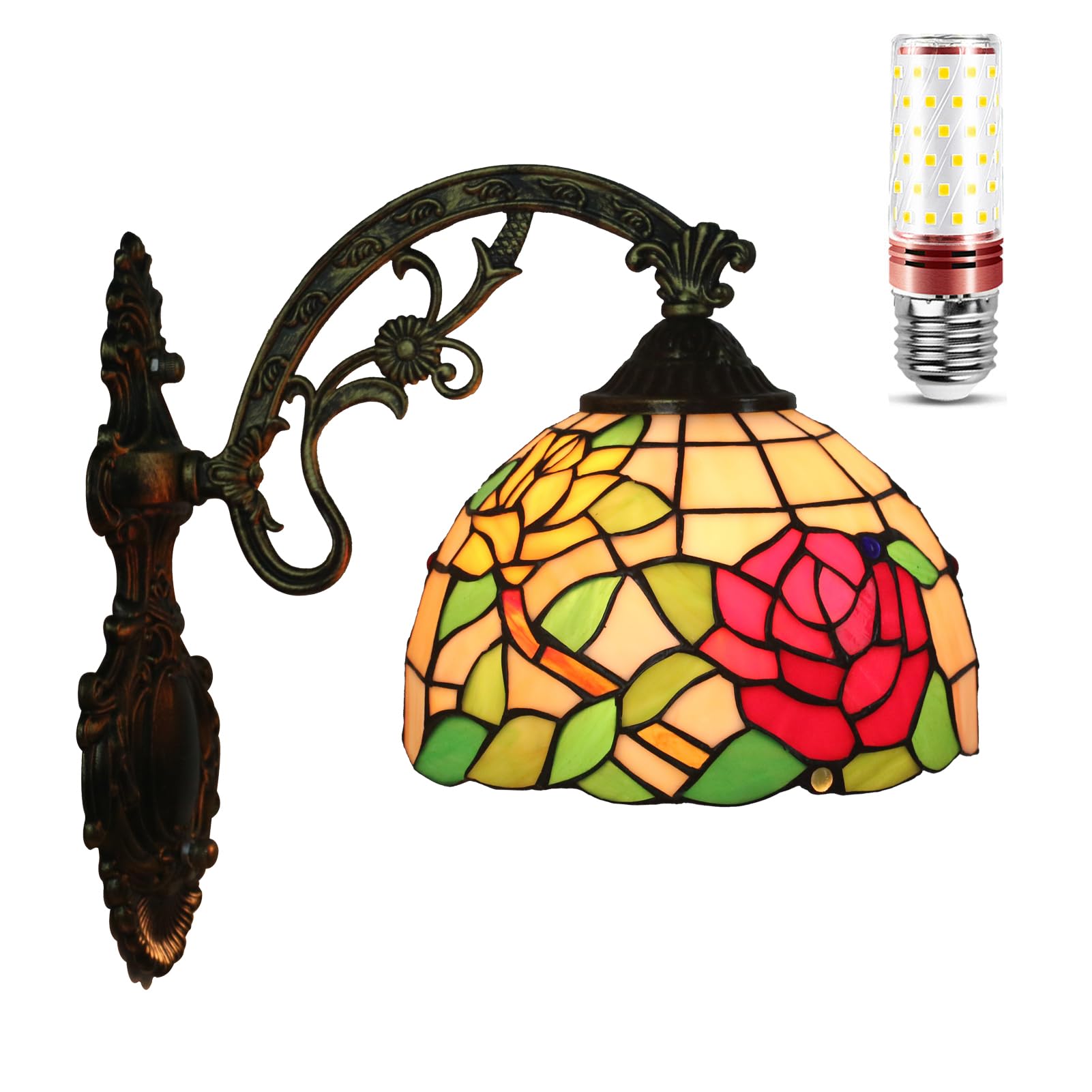 Uziqueif Tiffany Wall Lights, 8 inch Vintage Wall Sconce Bedside Wall Mount Lamp, Flowers Stained Glass Shade Wall Light for Bedroom Living Room Hotel Bathroom Hallway Stairway Kitchen, Flower