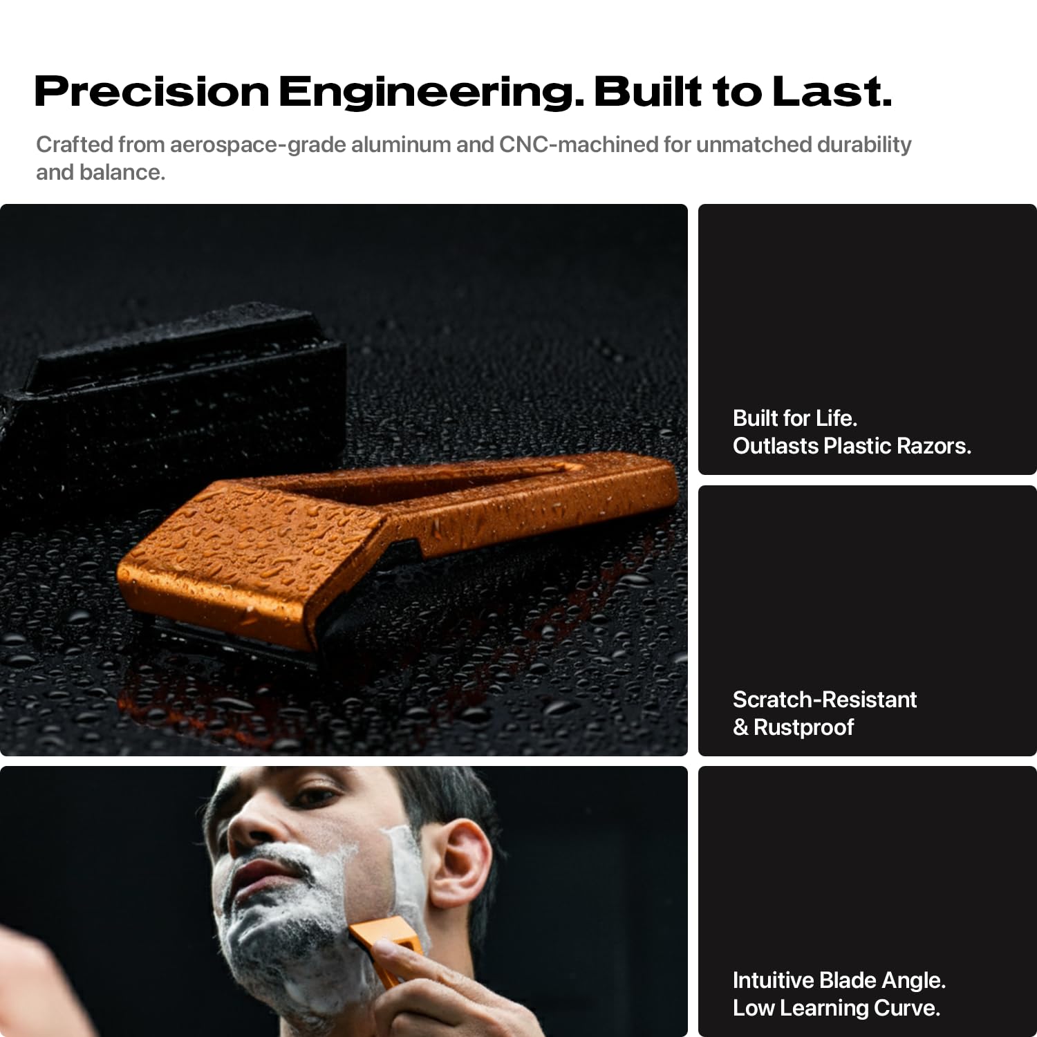 HYPE X1 Single Edge Aluminum Safety Razor Full Set - Ergonomic V-Shaped Design with 3 Customizeble Shave Settings, 20 Non-Proprietary Blades, Shaving Brush & Stand - Orange