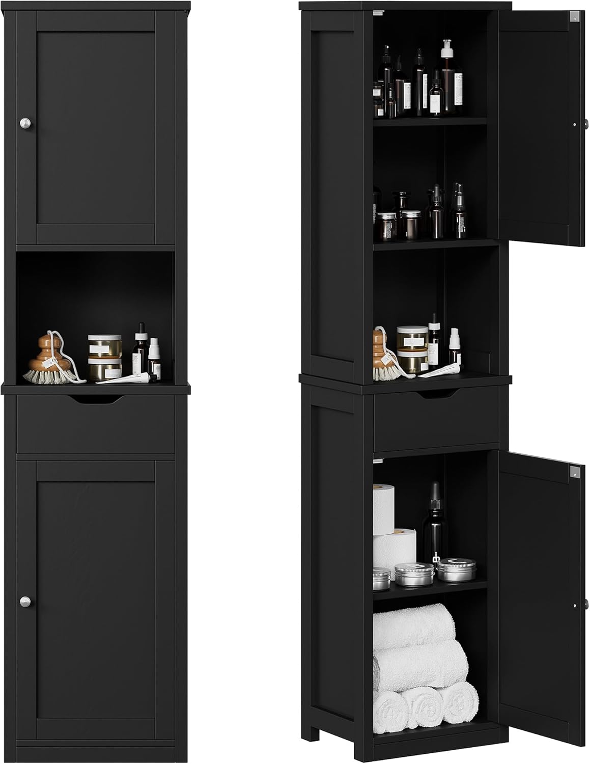 Shintenchi Tall Bathroom Storage Cabinet, Slim Corner Floor Cabinet with Doors and Drawer, Freestanding Narrow Bathroom Organizer with Adjustable Shelves for Small Space, White