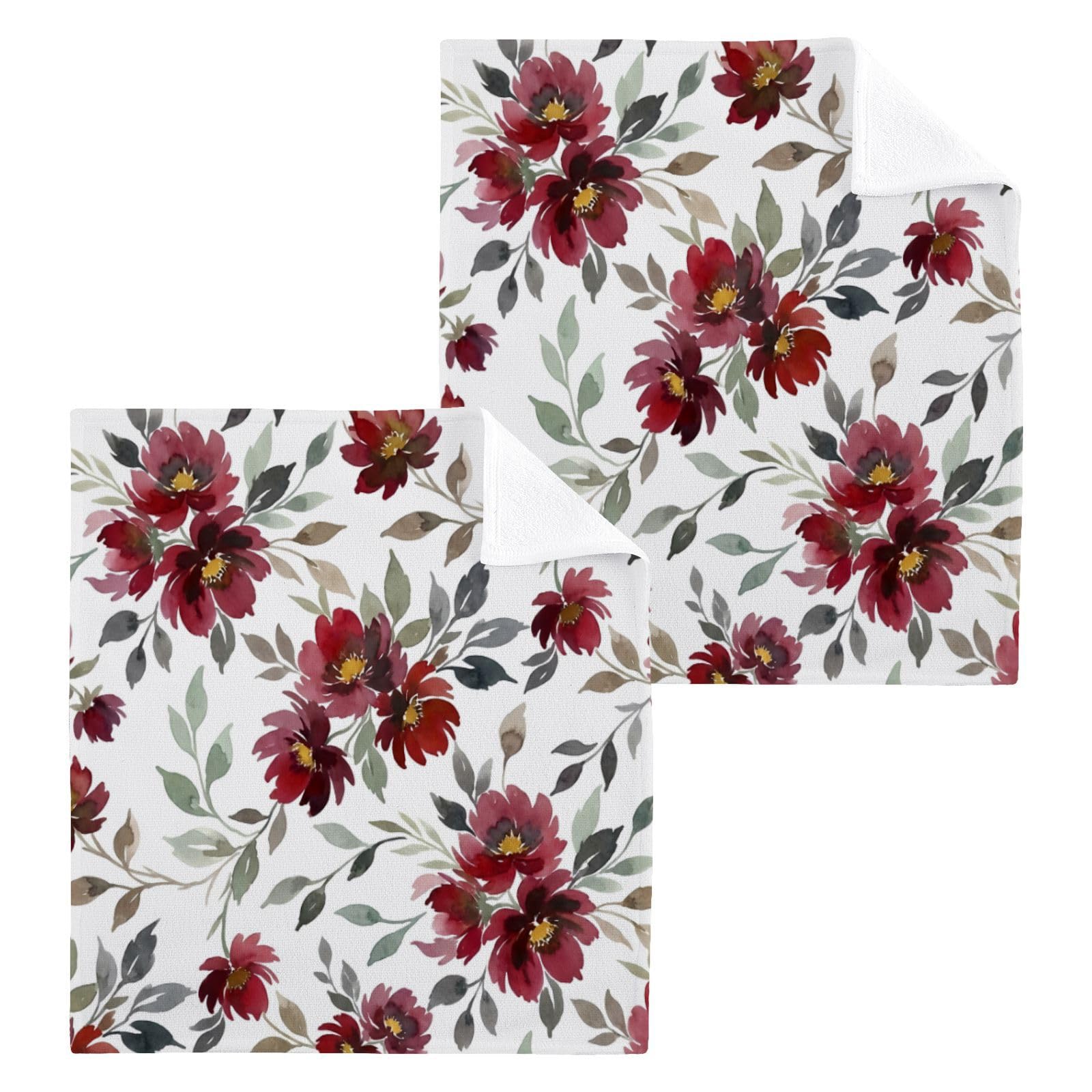 BOESI Burgundy Floral Watercolor 12x12in Cotton Washcloth,Face Towel