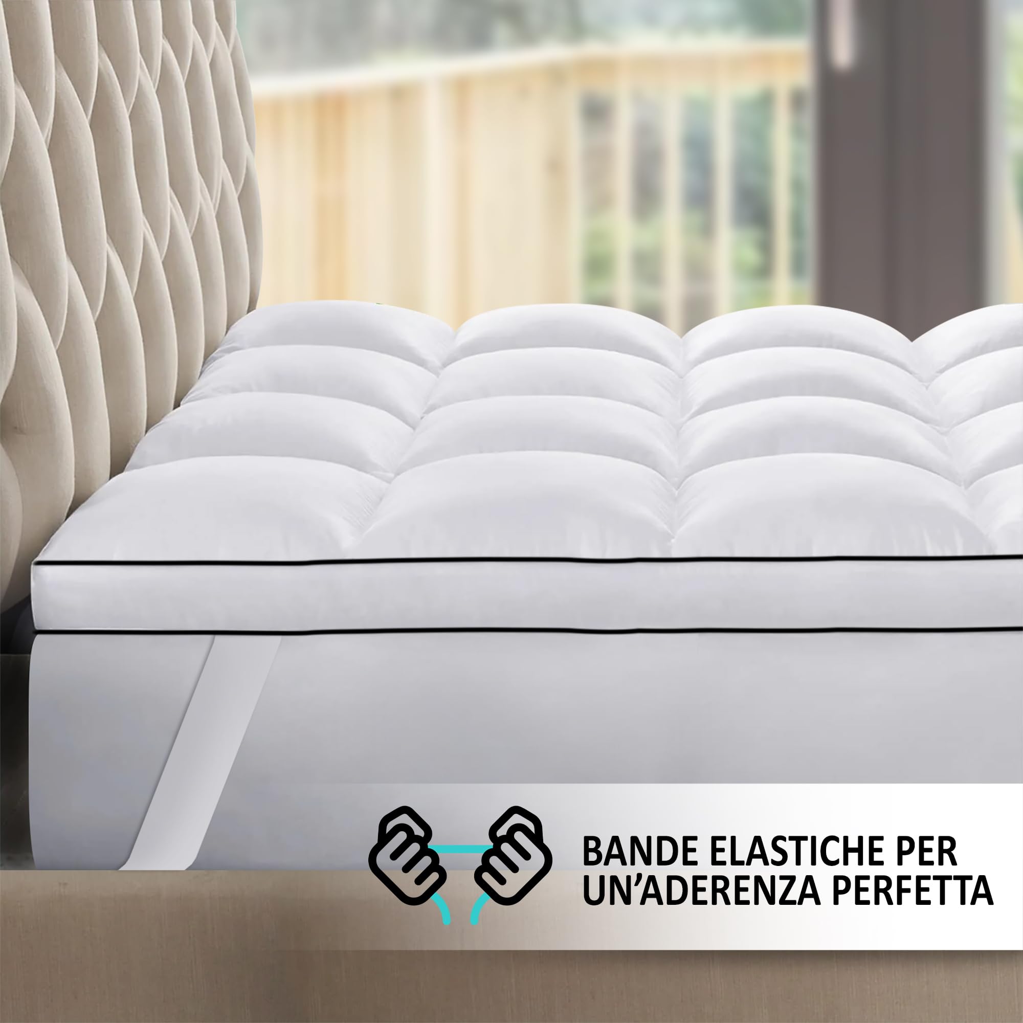 Topper Per Materasso In Vera Piuma D'Oca Alto 7 Cm Certificato Oeko Tex 1800 Gr/Mq Trattamento Down Proof Soffice Anallergico Traspirante Termoregolante Con Bande Elastiche - Bianco - Piazza e mezza