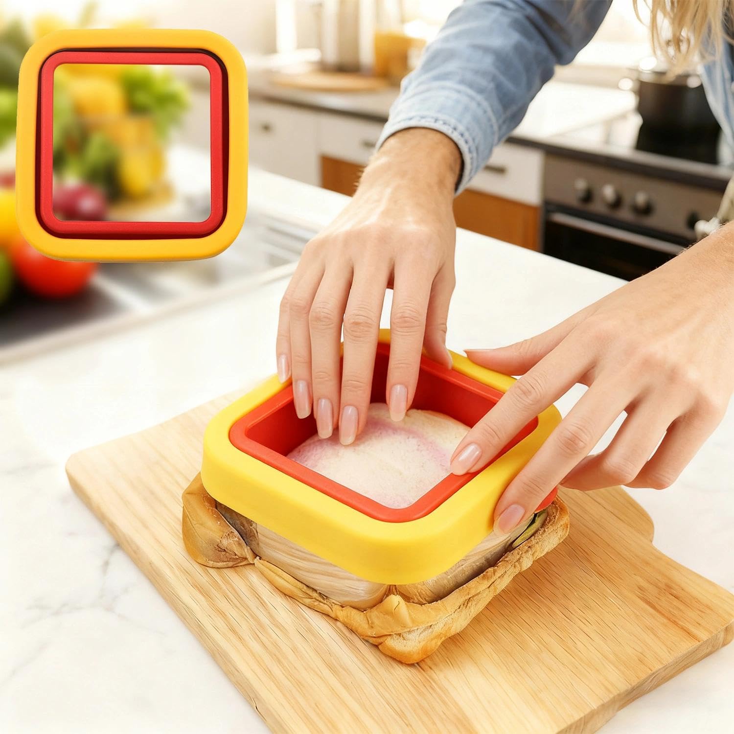 Sandwich Cutter Mold Set for Bread Cutting DIY Lunchbox Snacks Kitchen Tool Square Shape Sandwich Maker Mold for Home Bento Yellow and Red