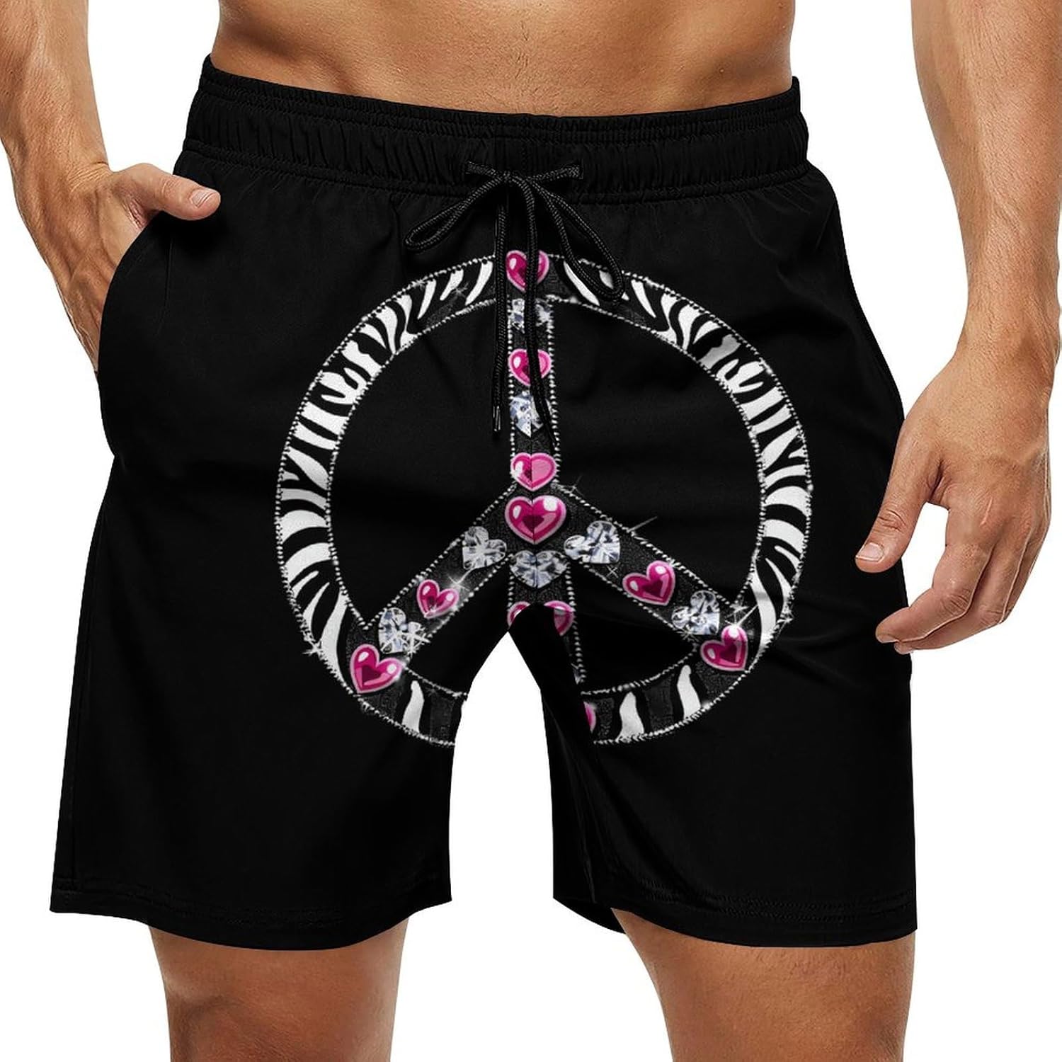 Zebra Peace Sign Diamond Casual Men's Swim Trunks Novelty Summer Beach Shorts Swimwear with Pocket