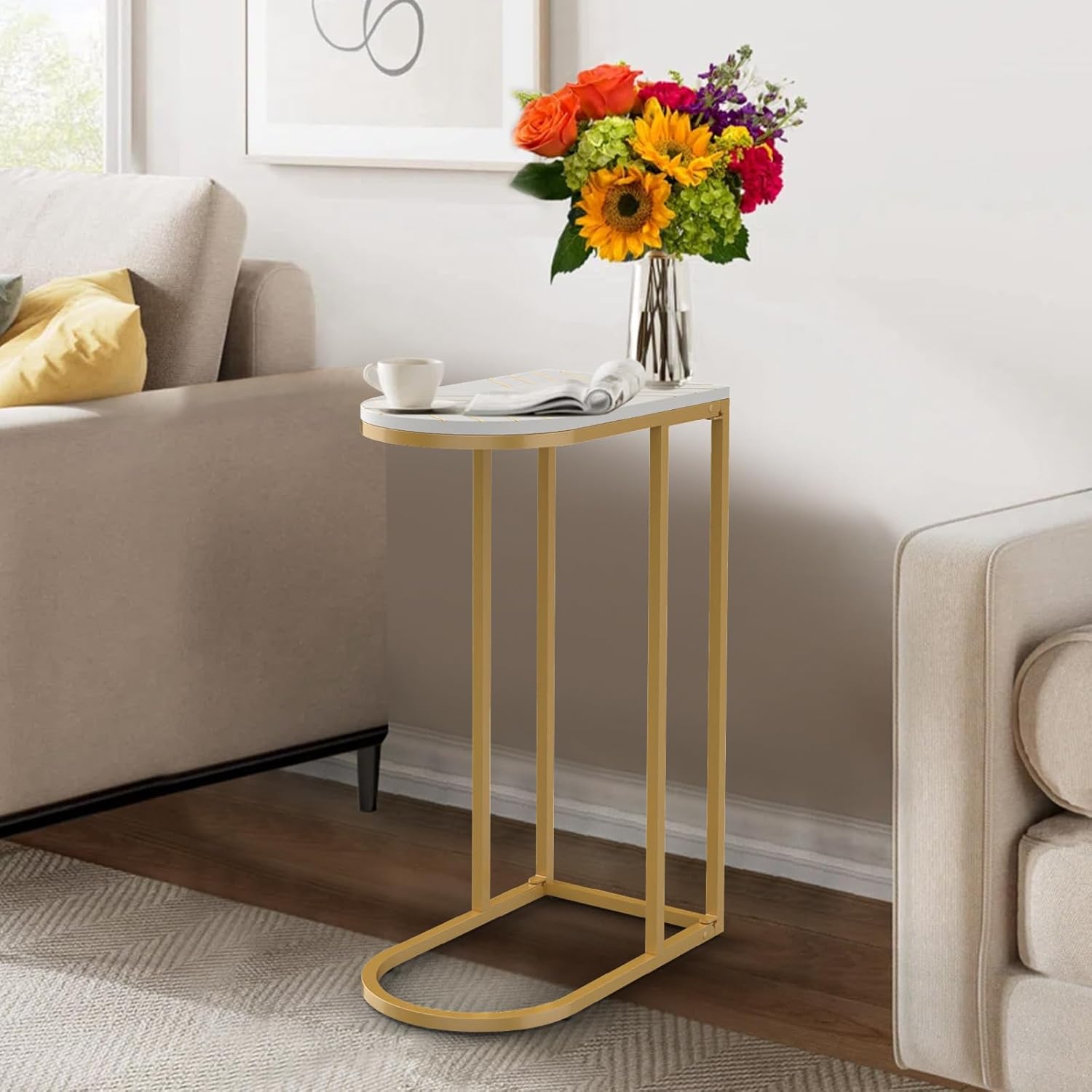 RiteSune Gold Folding C Shaped End Table, Wood TV Tray Table Slide Under Couch Snack Tables, Side Table with Metal Frame for Small Space, Sofa-Side Laptop Desk for Living Room Bedroom