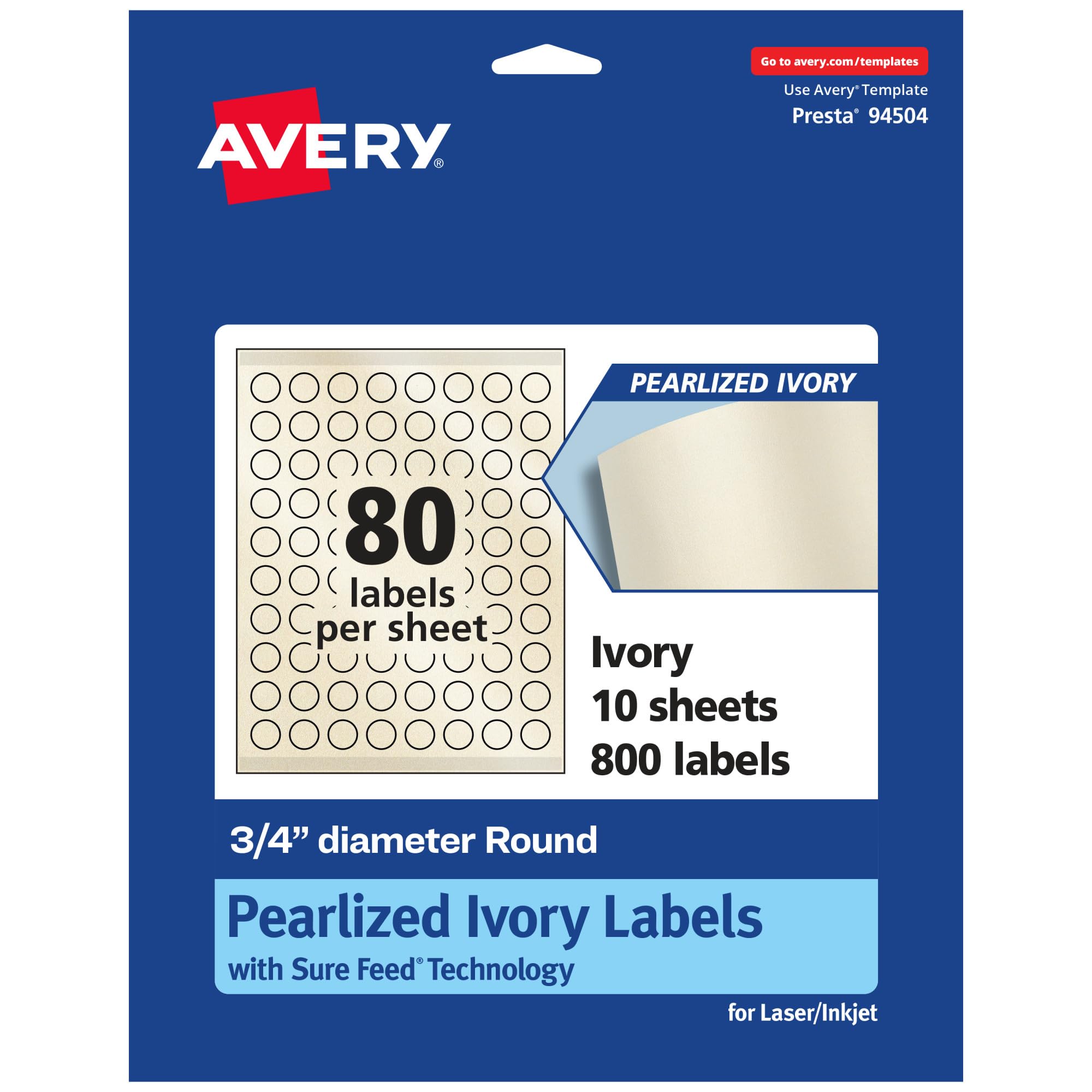 Avery Pearlized Ivory Round Labels, Sure Feed Technology, Print-to-The-Edge, 0.75" Diameter, 800 Pearlized Ivory Labels, Laser/Inkjet Printable