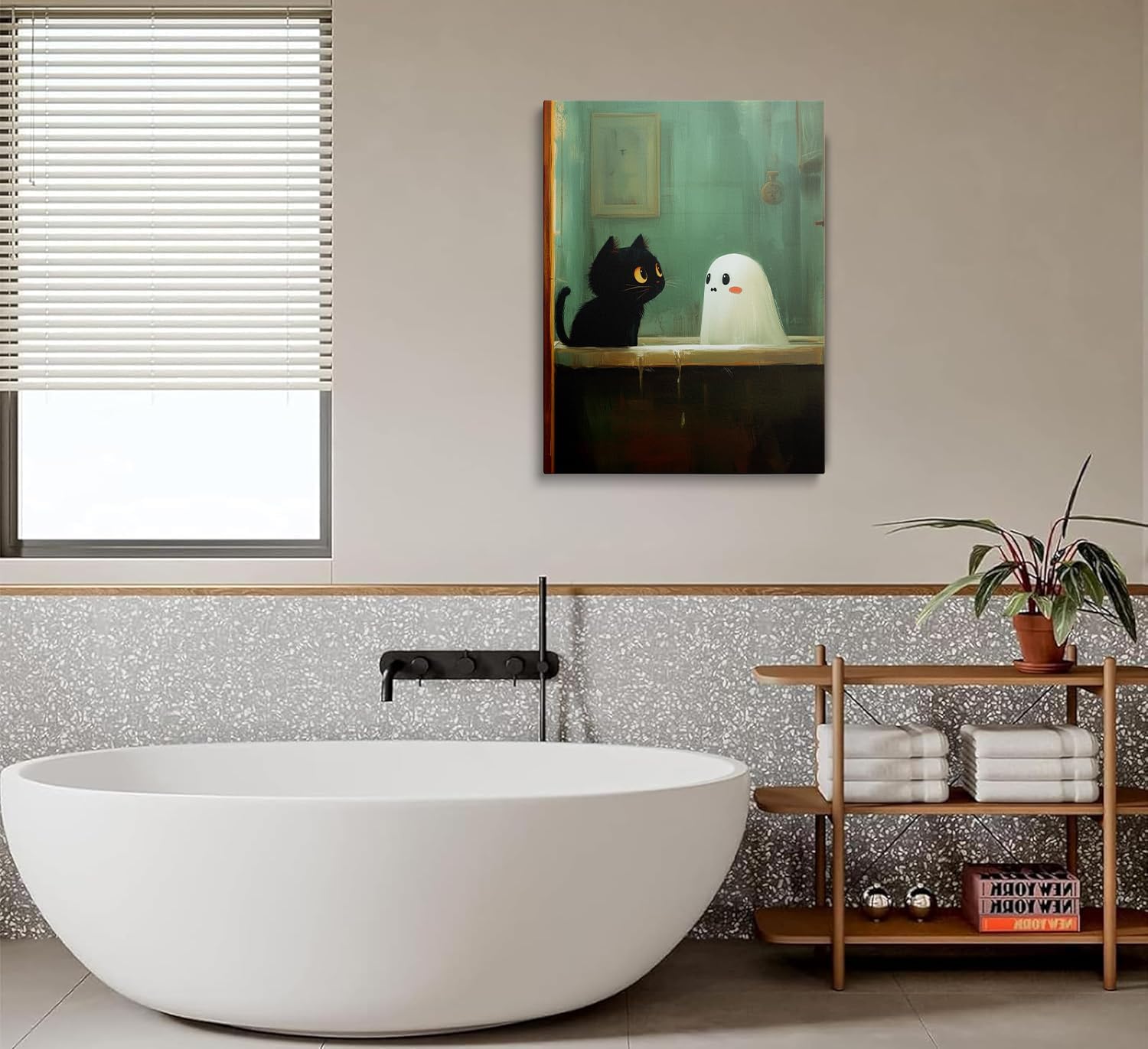 Framed Vintage Funny Cute Black Cat and Ghost in Bathtub Halloween Wall Art Canvas Fun Cool Gothic Animal Bathroom Pictures Wall Decor Whimsical Prints Poster Artwork for Living Room Bedroom (16"x24")