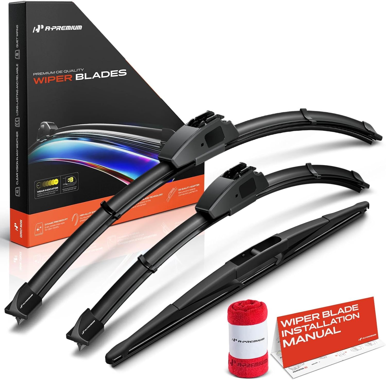 A-Premium 24"+18"+14" Windshield Wiper Blades Compatible with Subaru Outback 2005-2009, Forester 2009-2013, Legacy - Front Rear Wipers Blade for Hook/RL3, with Wear Indicator & Towel (Pack of 3)