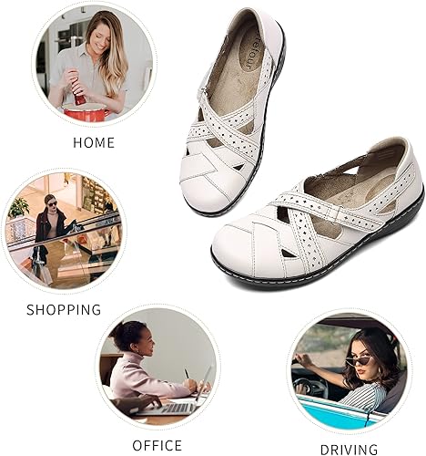 Miniatura 6 de Irrefour Mocasines clásicos de cuero genuino para mujer, estilo casual, sin cordones, a la moda, con puntera cerrada, sandalias planas cómodas