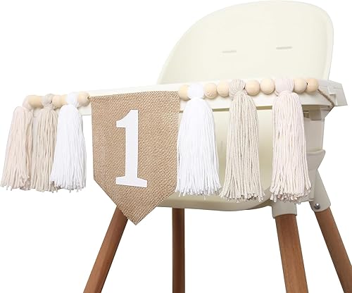 Miniatura 7 de BOOMPA Cartel blanco para silla alta de primer cumpleaños, guirnalda de borlas de cuentas de madera, telón de fondo de fotos de ángel puro para