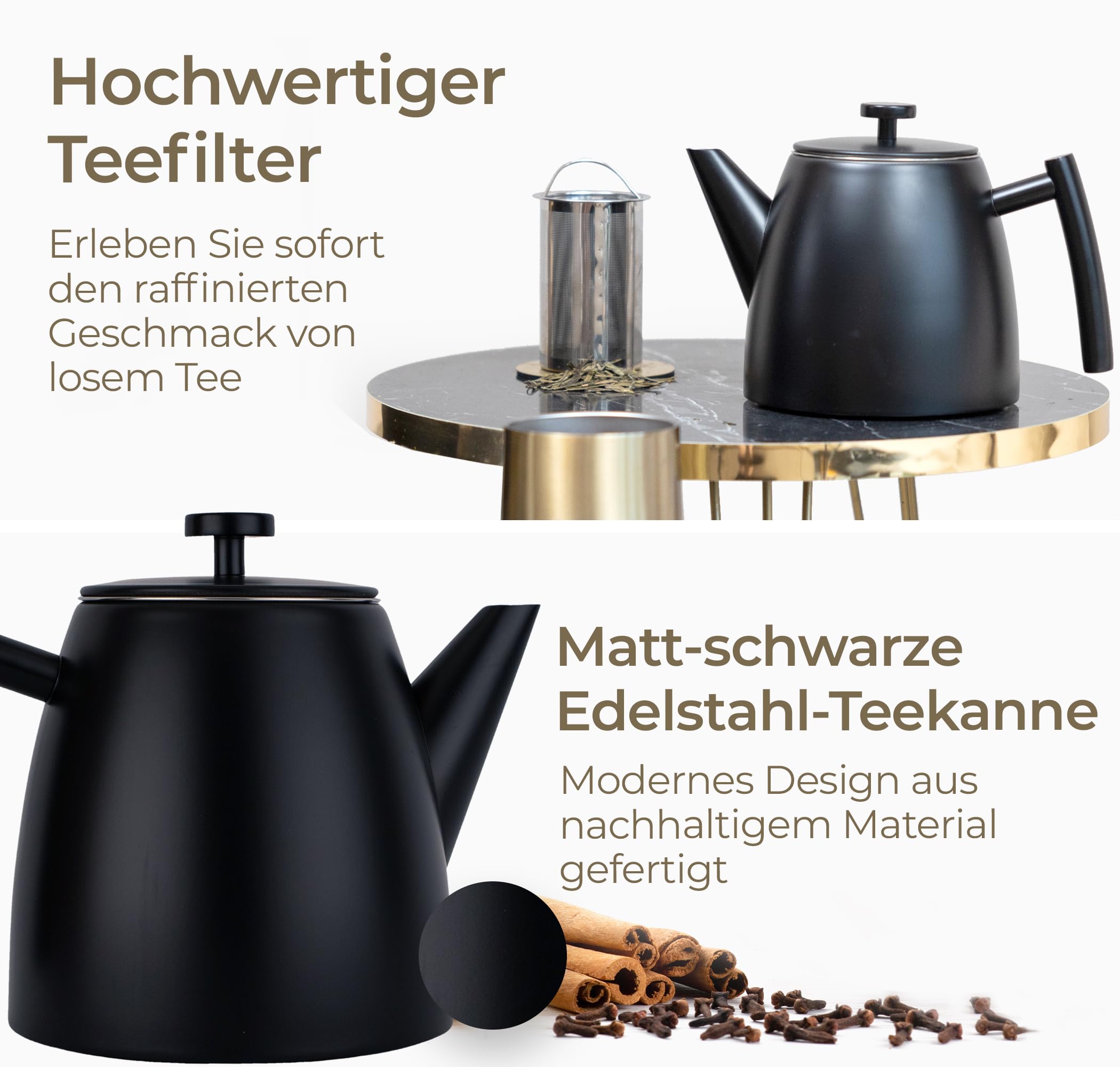 Vaja Trends | Doppelwandige Teekanne | Isoliert und Tropffrei | Edelstahl Schwarz Matt 1L | Inklusive Teesieb | langanhaltende Wärme