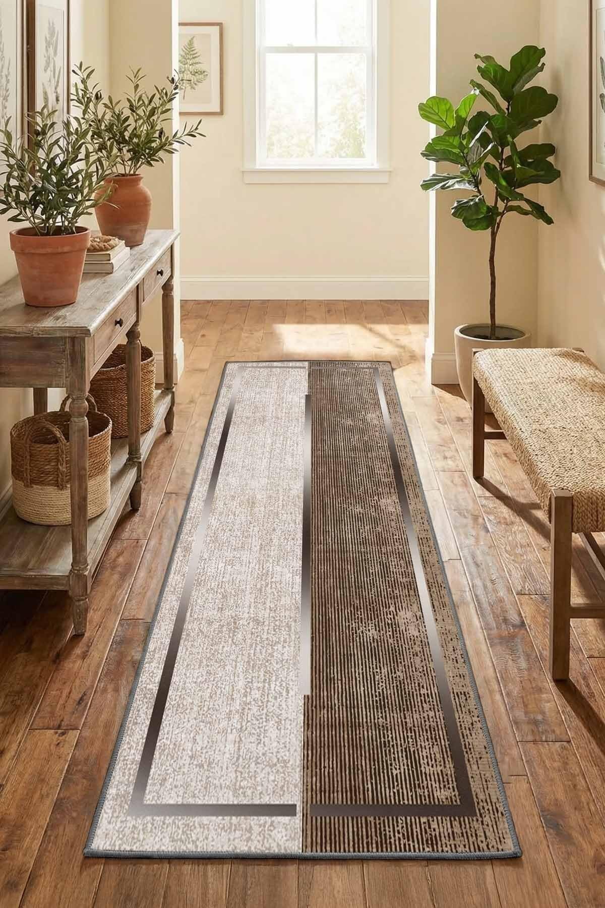 Monnhein Kahve Yolluk 1154-3 - Yıkanabilir, Kaymaz Taban, Dijital Baskılı, Leke Tutmaz, İnce Hav, Modern Koridor, Mutfak, Antre ve Salon için Dekoratif Yolluk