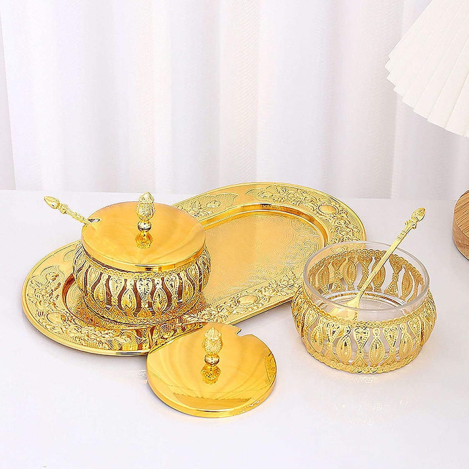 Sucrier,sucrier avec Couvercle,sucrier doré avec Couvercle et cuillère, Pot à épices en Verre doré, Pot à Bonbons avec Plateau for décoration de Cuisine-Or-Ensemble Entier