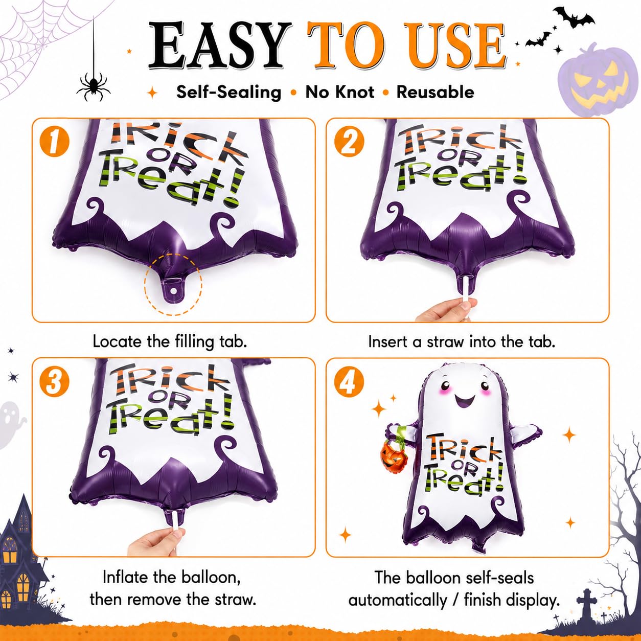 10 Stück Boo Ballon Set, XXL Geist Spinne Kürbis Hexe Monster Folienballon Mit Orange Schwarz Stern Rundes Halloween Party Deko Luftballon für Kinder Happy Nacht Party Dekoration