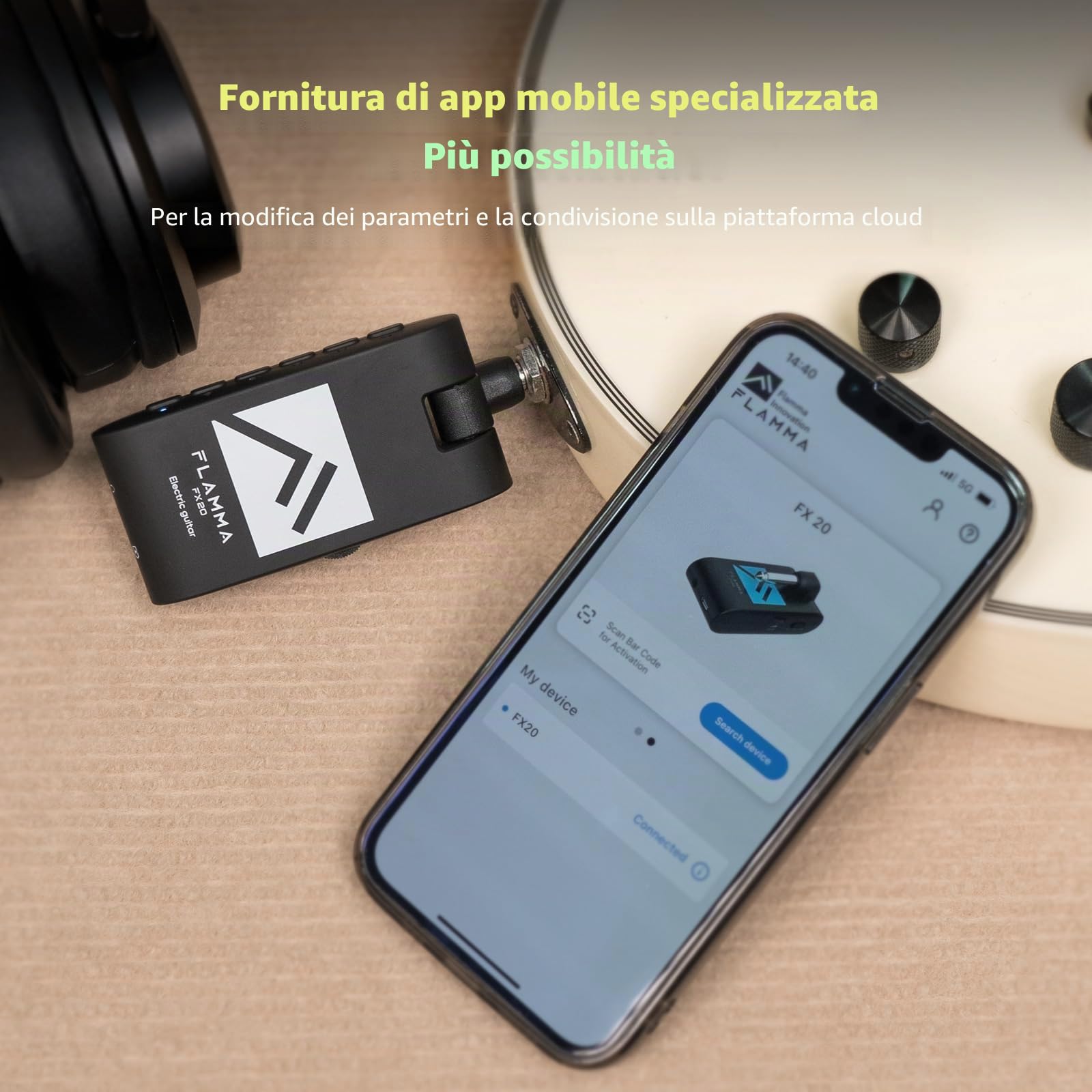 FLAMMA FX20 Amplificatore per cuffie per chitarra con APP 40 scanalature per batteria 52 modalità Amp 5 ritardo 5 effetti di riverbero 14 modulazioni per la registrazione pratica e la creatività