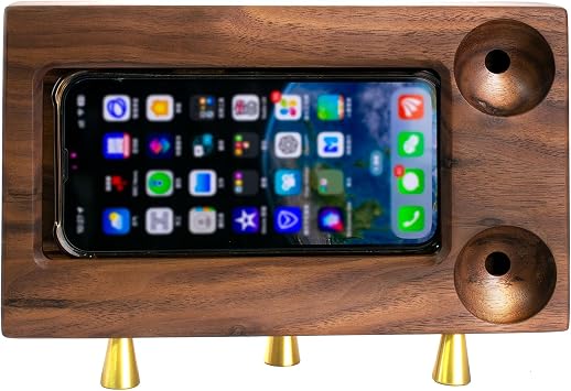 Premium Black Walnut Wooden Universal Office Desktop Phone Support Stand Holder with Sound Amplifier - Artistic Craftsmanship, Enhancing Sound Quality, and Convenient Charging Port