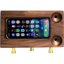 Premium Black Walnut Wooden Universal Office Desktop Phone Support Stand Holder with Sound Amplifier - Artistic Craftsmanship, Enhancing Sound Quality, and Convenient Charging Port
