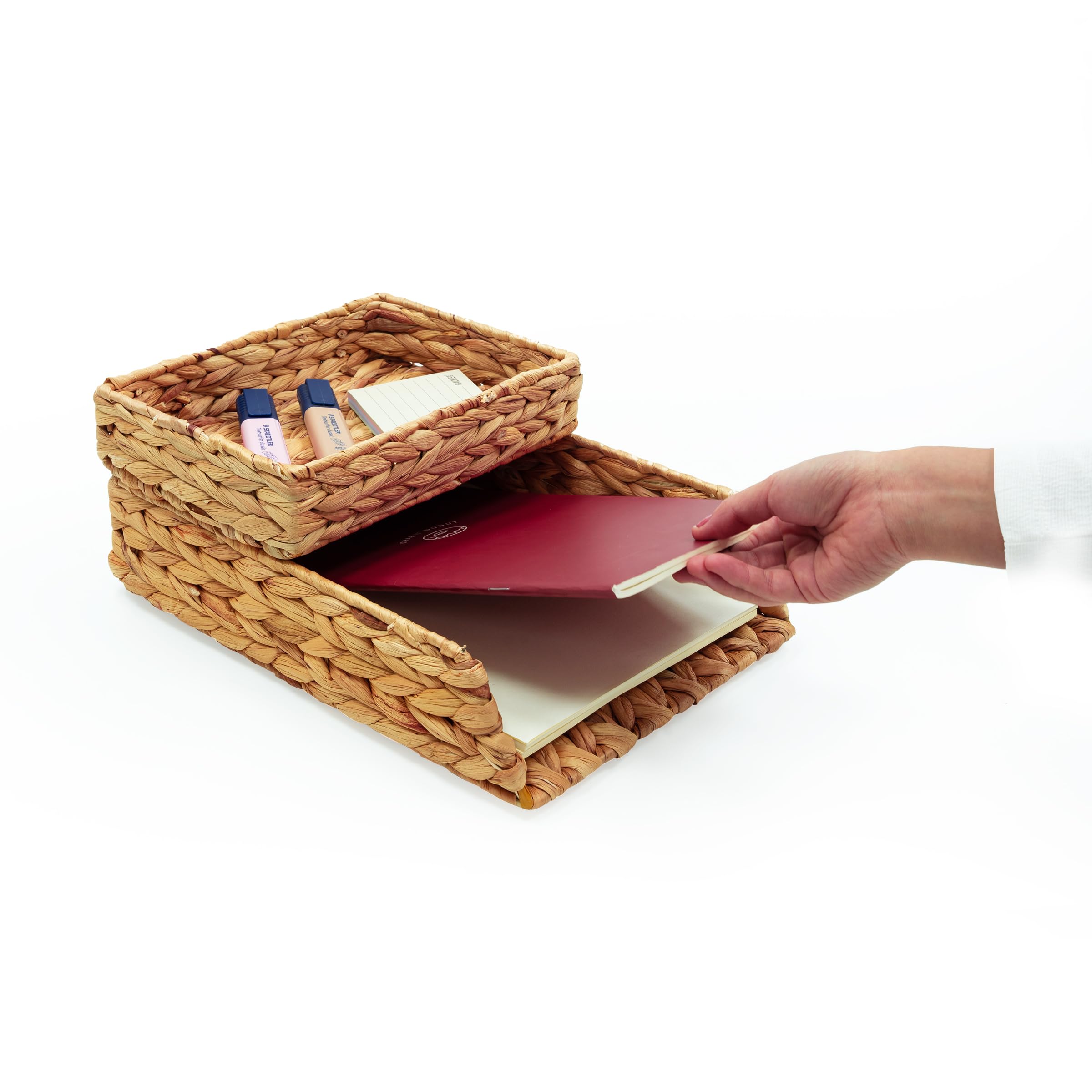HAMOTOPI Schreibtisch-Organizer, Briefablage, 2er-Set, gewebte Wasserhyazinthe, Tischplatte für die Aufbewahrung von Papier, Briefordner, Notizbücher, Kopierdruck, Arbeitsplatzhalter, hält