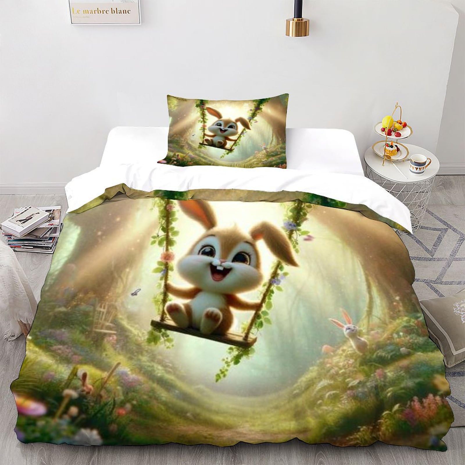 Parure de couette rabbit en microfibre douce avec taies d'oreiller pour lit simple