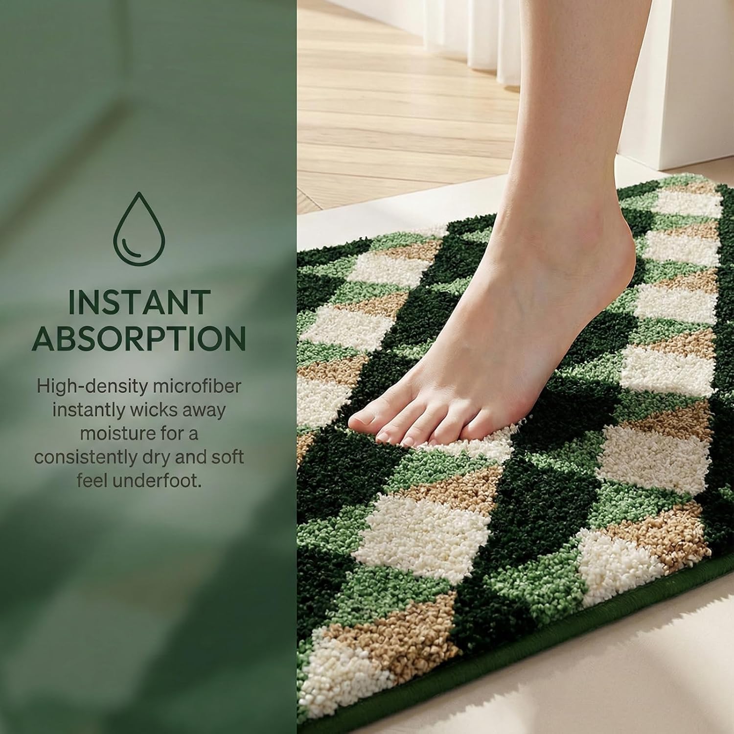 Cute Bath Mat, 32" X 20" Green Checkered Bath Mat, Luxury Microfiber Checkered Bath Mats, Super Absorbent Non Slip Bathroom-Rug, Classic Bath Decor for Tub, Sink, Shower, Washable
