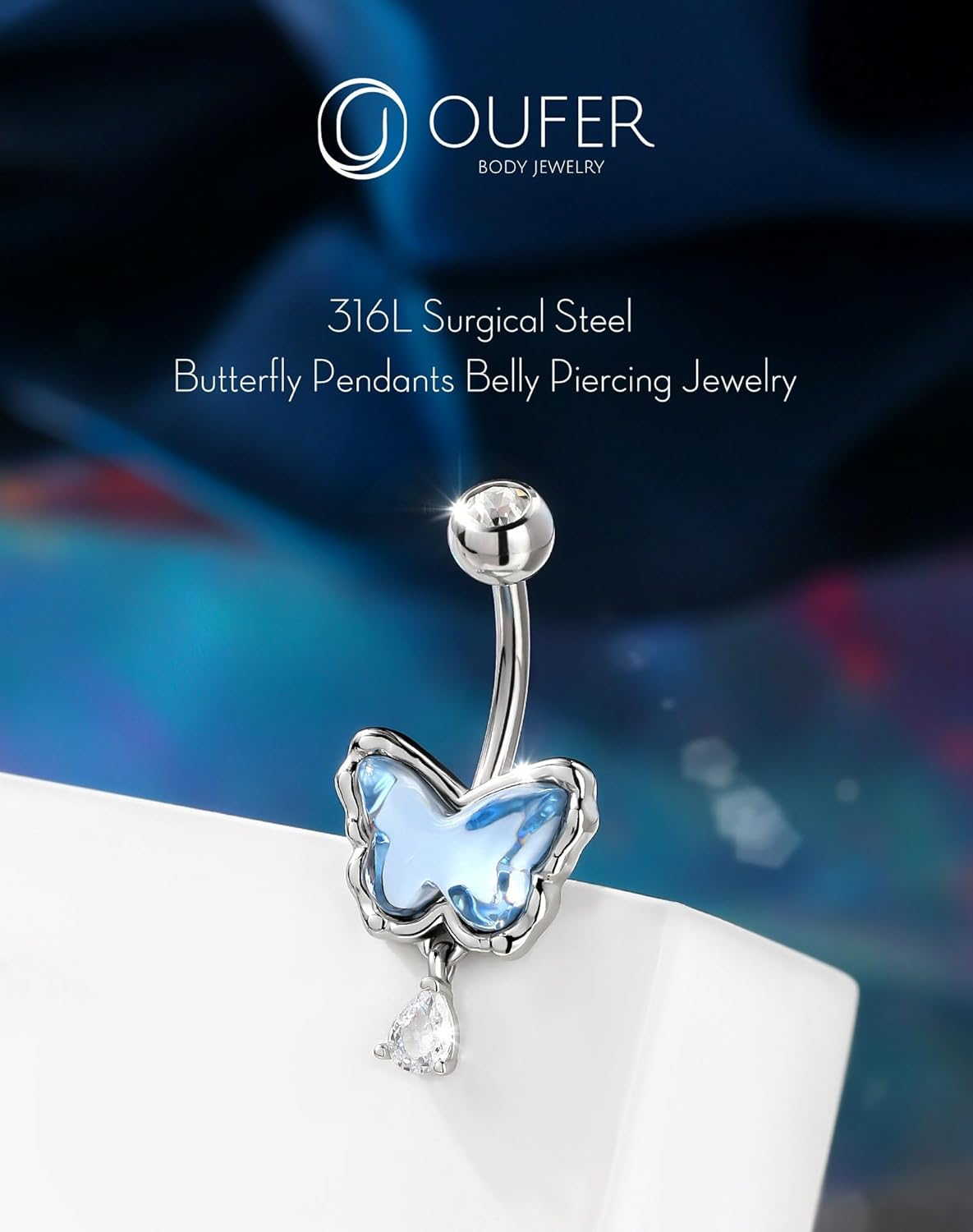 OUFER Belly Button Rings, 14G Butterfly Belly Rings, Pave Blue Crystal Stone Belly Piercing Jewelry, 316L Surgical Steel Navel Piercing Jewelry For Women Men - Image 3